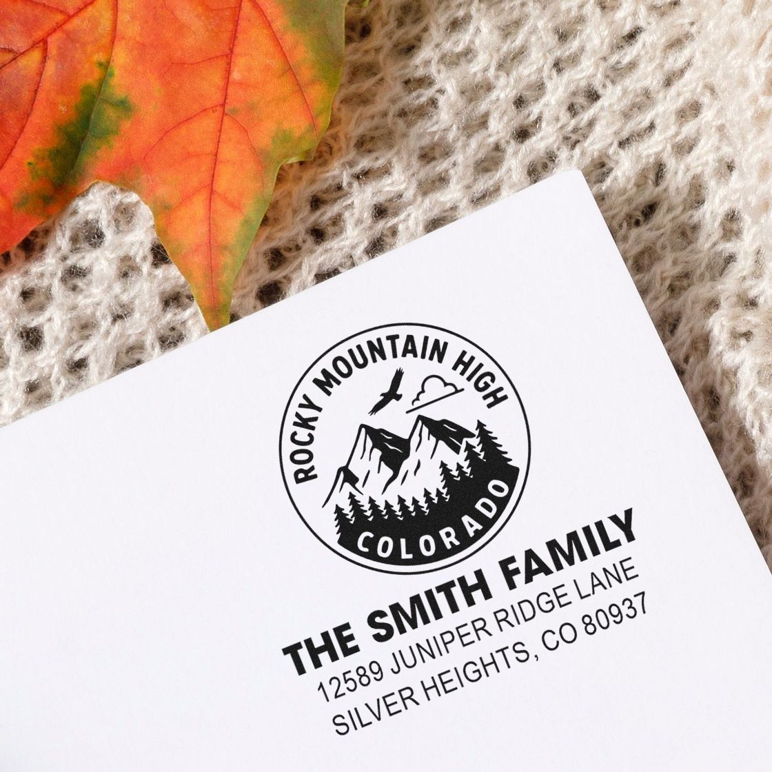 Custom rubber address stamp with Rocky Mountain High Colorado logo for The Smith Family in Silver Heights, CO.