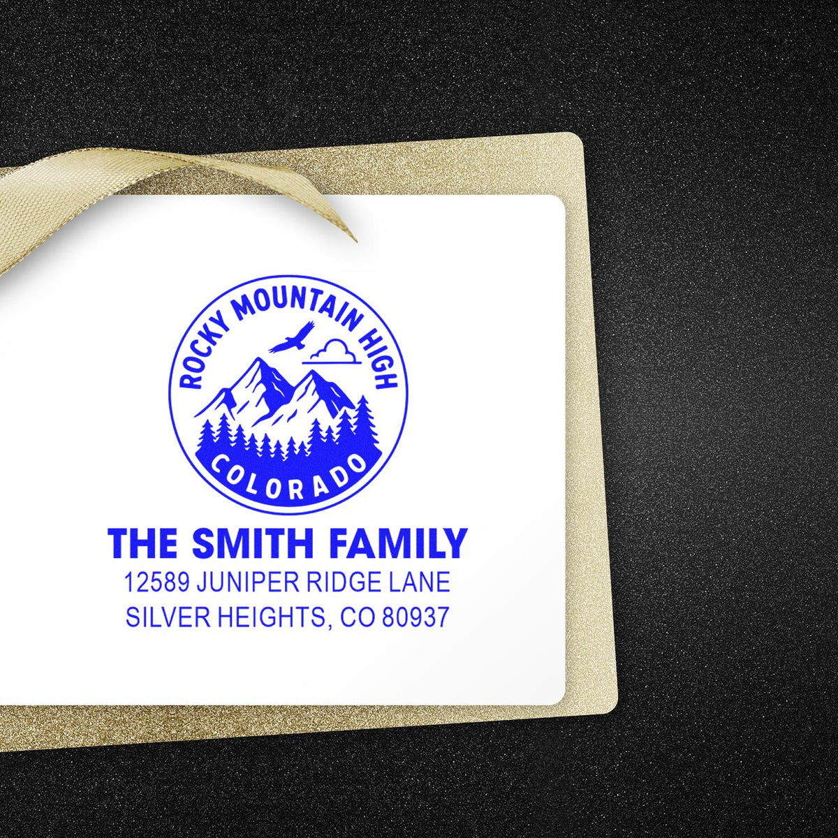 Custom return address rubber stamp with Rocky Mountain High Colorado mountain logo for The Smith Family in Silver Heights, CO