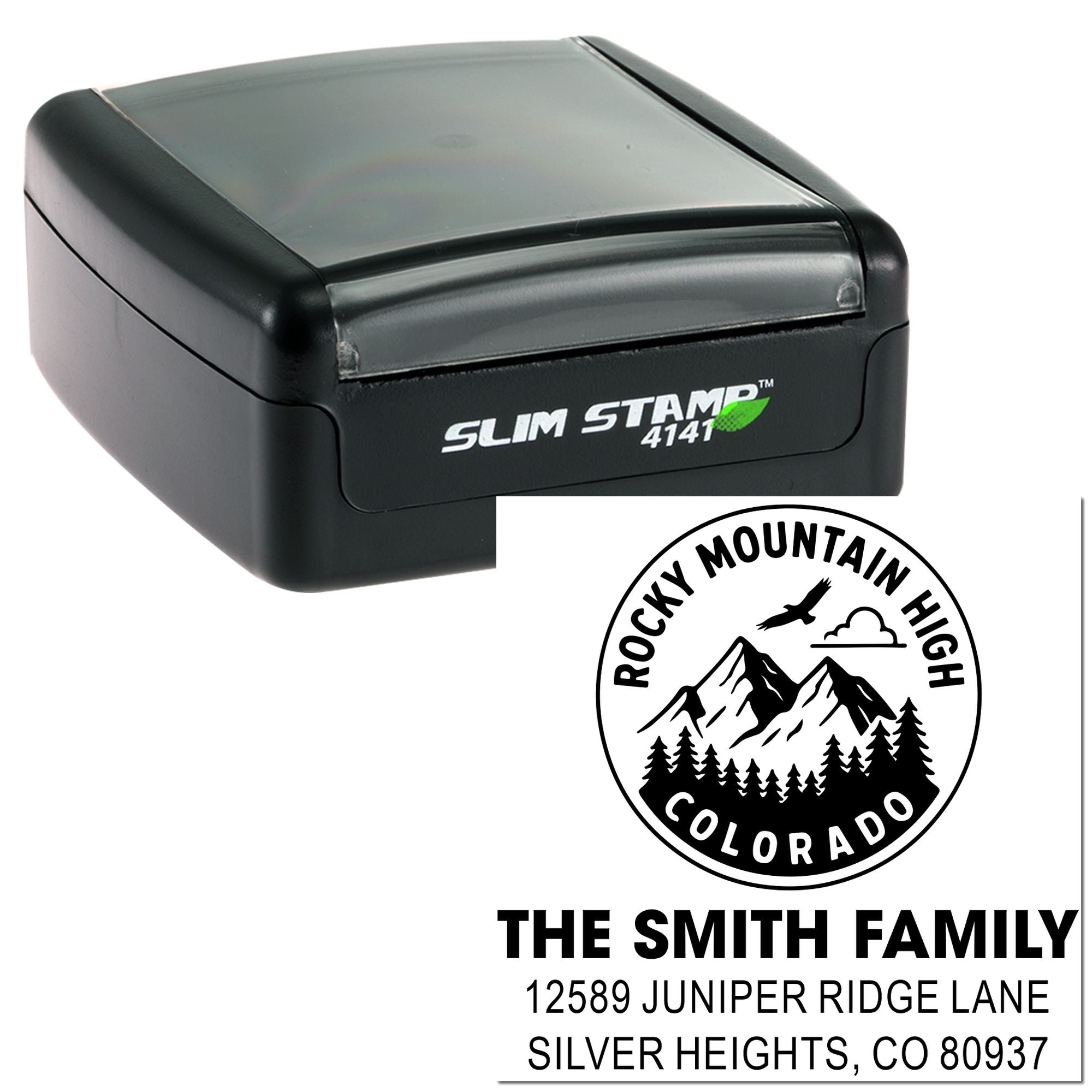 Custom self-inking rubber address stamp with Rocky Mountain High Colorado family return address design.