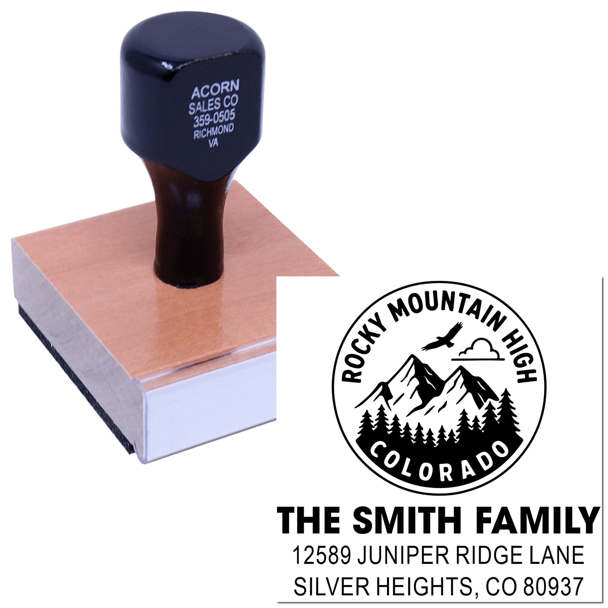 Custom address rubber stamp with Rocky Mountain High Colorado family return address design for personalized mailing.