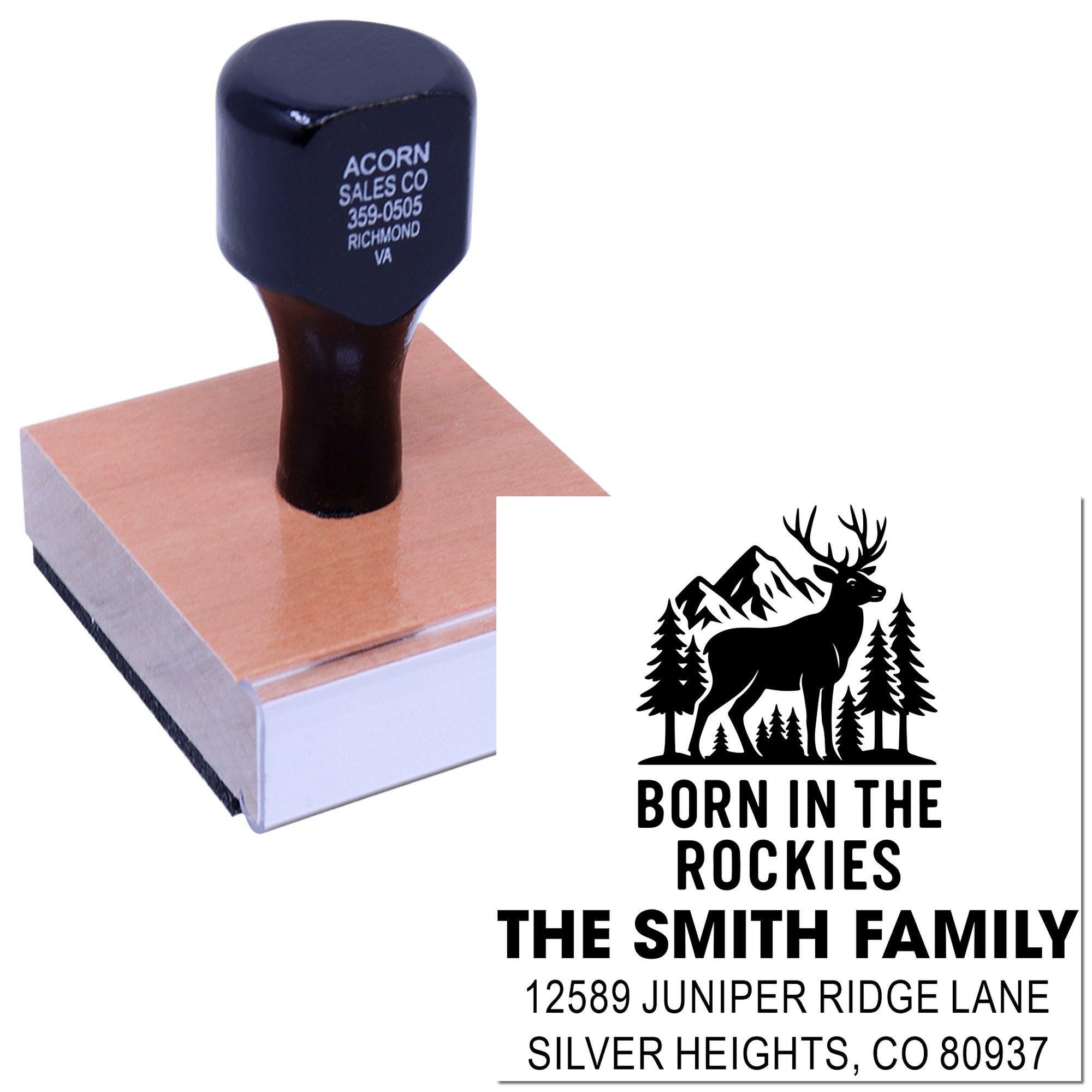 Personalized return address rubber stamp with mountain deer design for The Smith Family home address in Silver Heights, CO.
