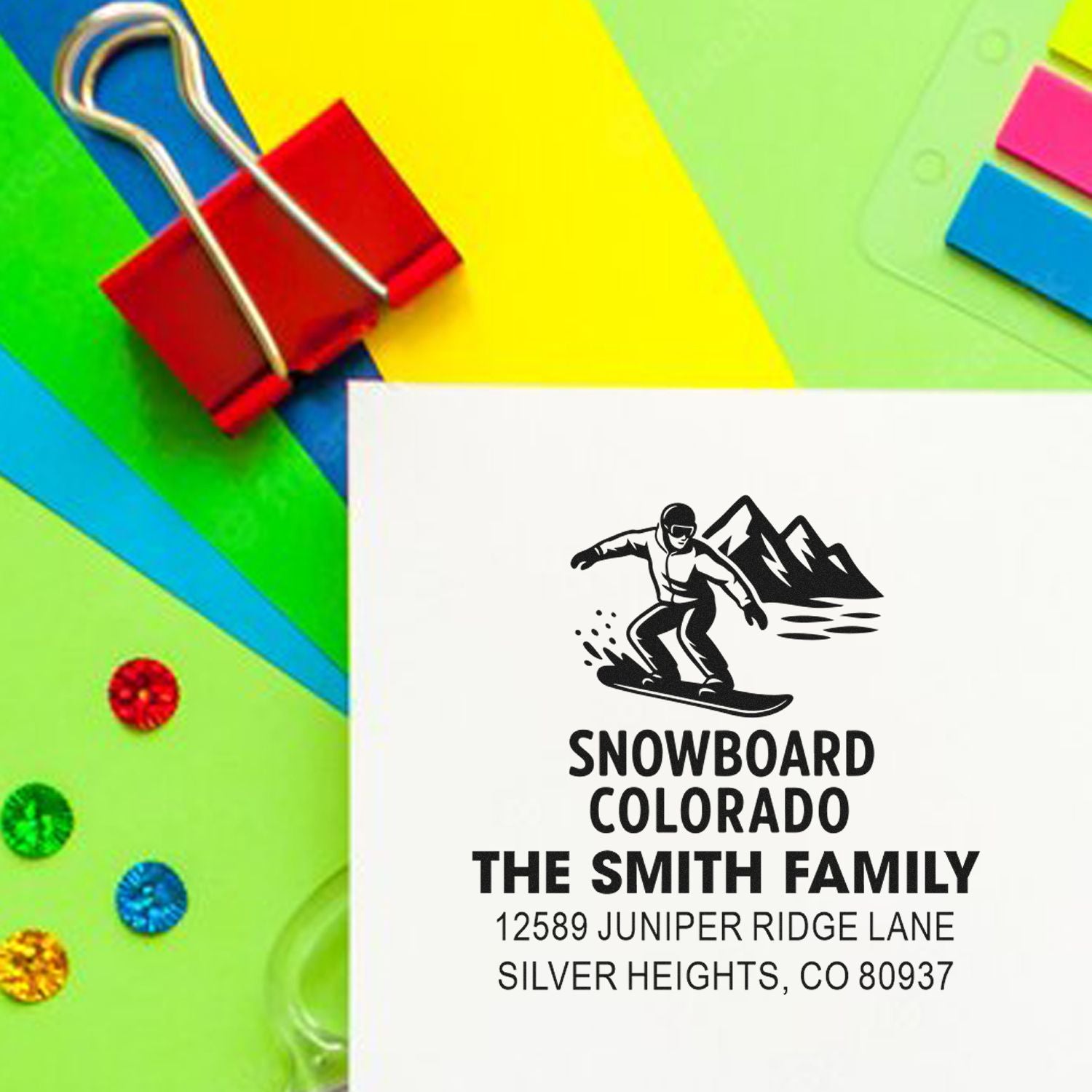 Custom snowboard-themed address rubber stamp for The Smith Family in Colorado, with name and mailing address.