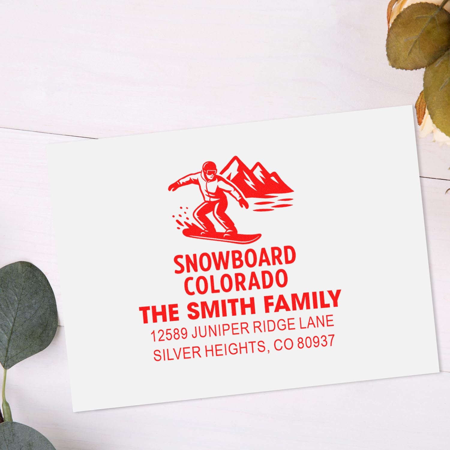 Personalized snowboard return address rubber stamp for The Smith Family, Colorado mountain design