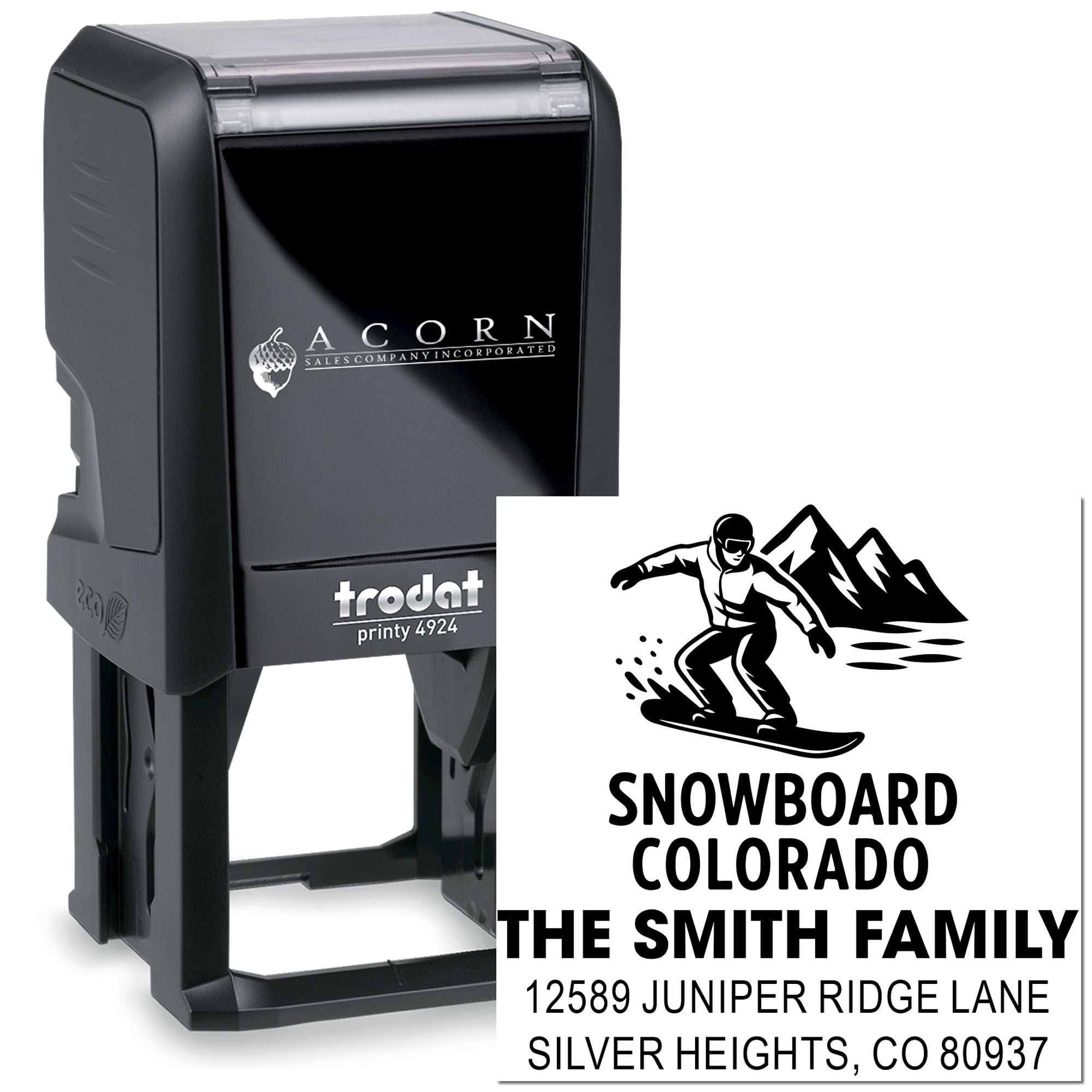 Custom self-inking rubber stamp with snowboarder logo and Colorado family return address for personalized mailing.