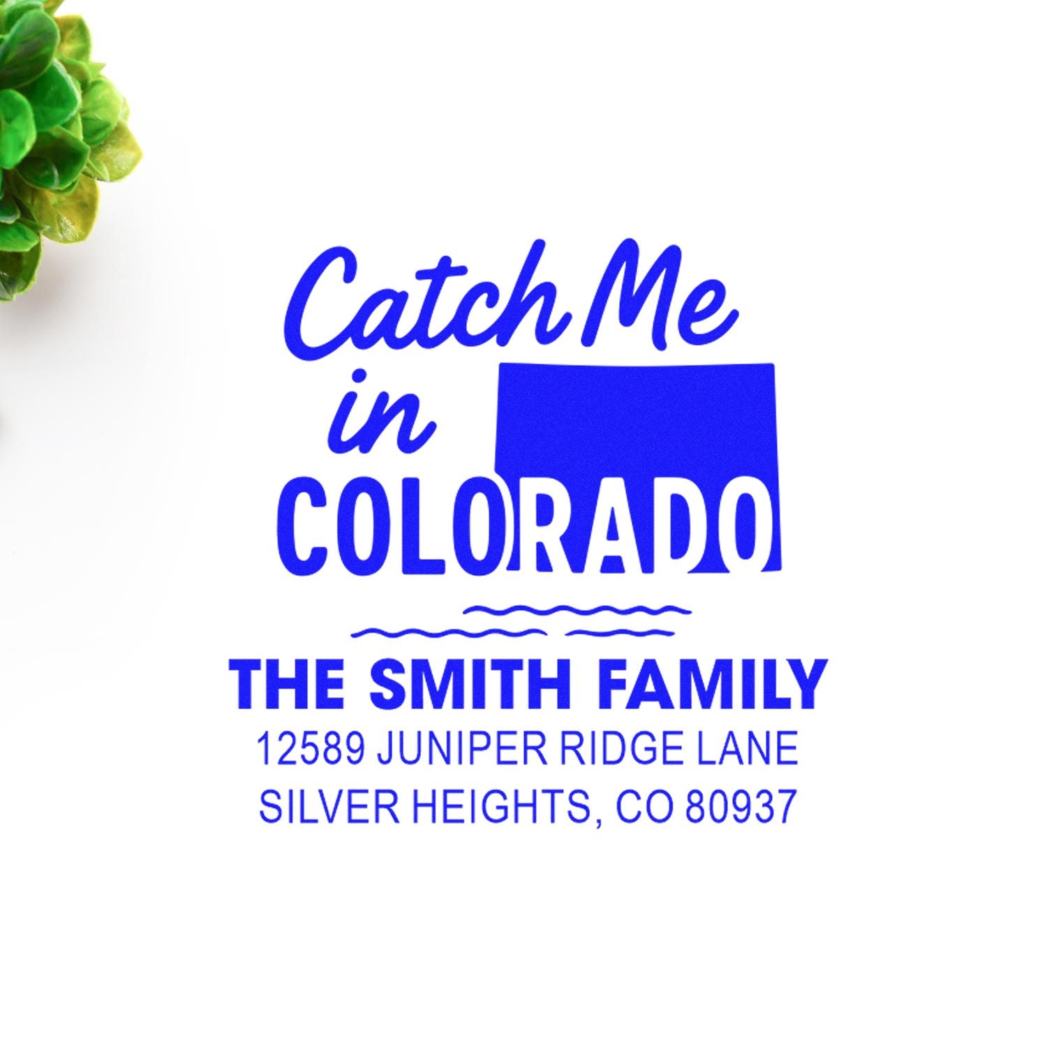 Custom return address rubber stamp for The Smith Family, featuring Catch Me in Colorado and Silver Heights, CO address.