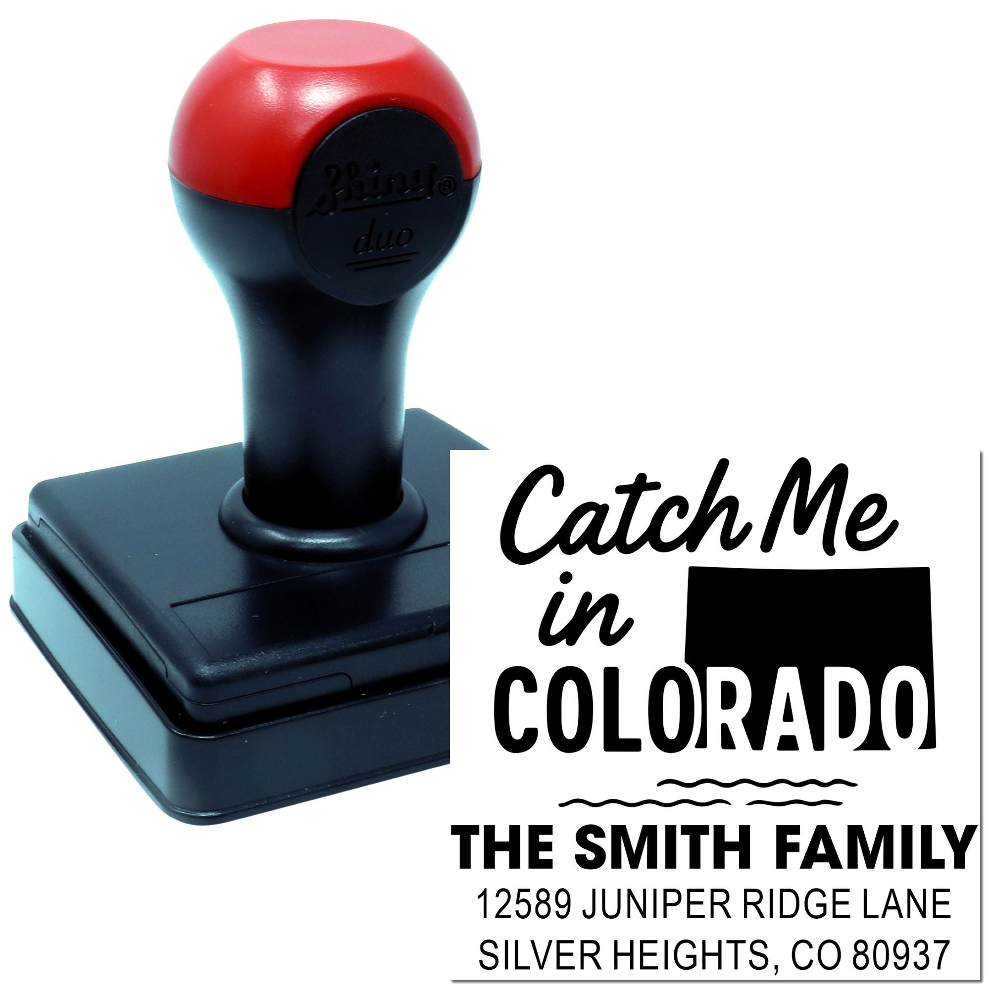 Custom self-inking rubber stamp with Catch Me in Colorado personalized return address design for family mail