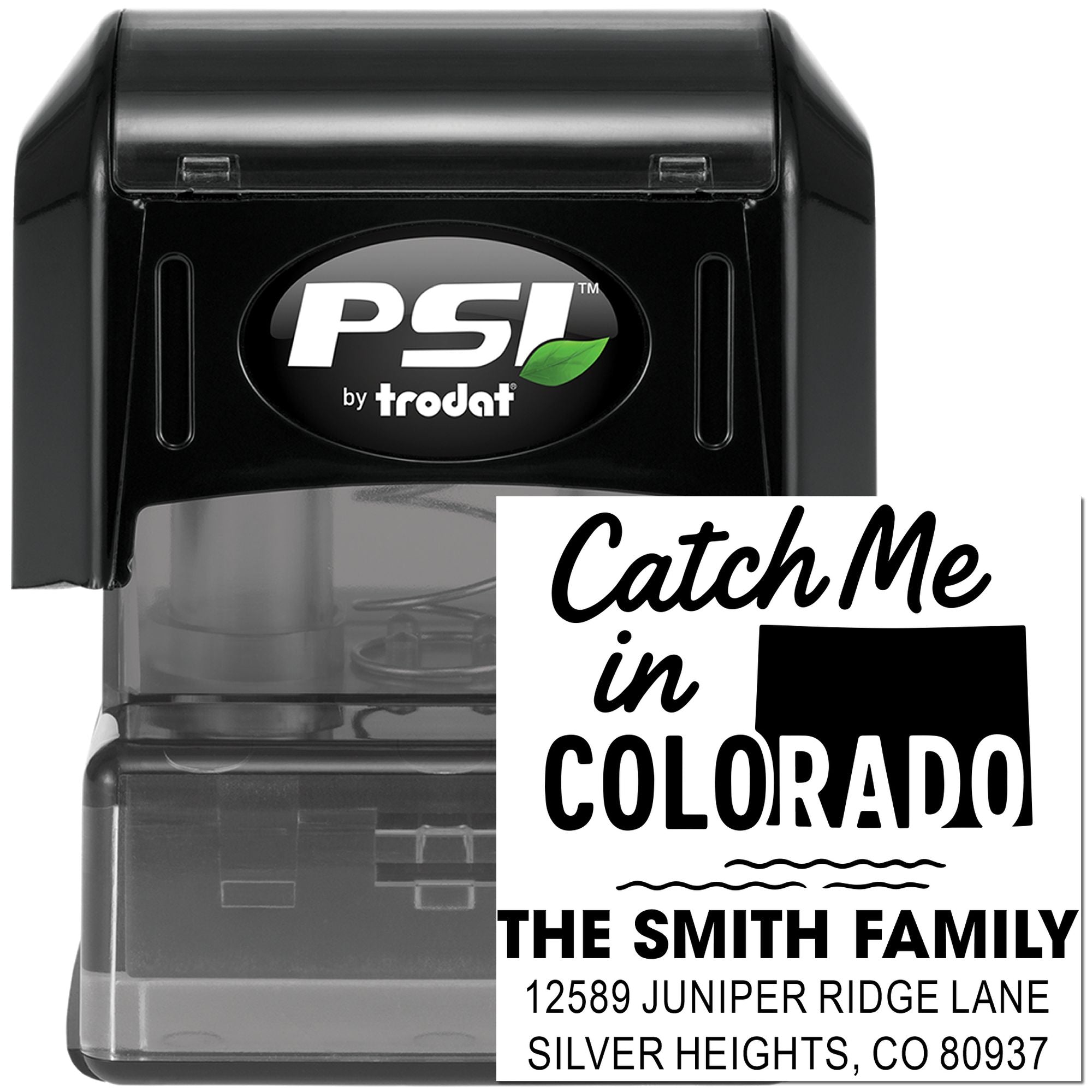Self-inking custom address rubber stamp with Colorado family return address design and Catch Me in Colorado text