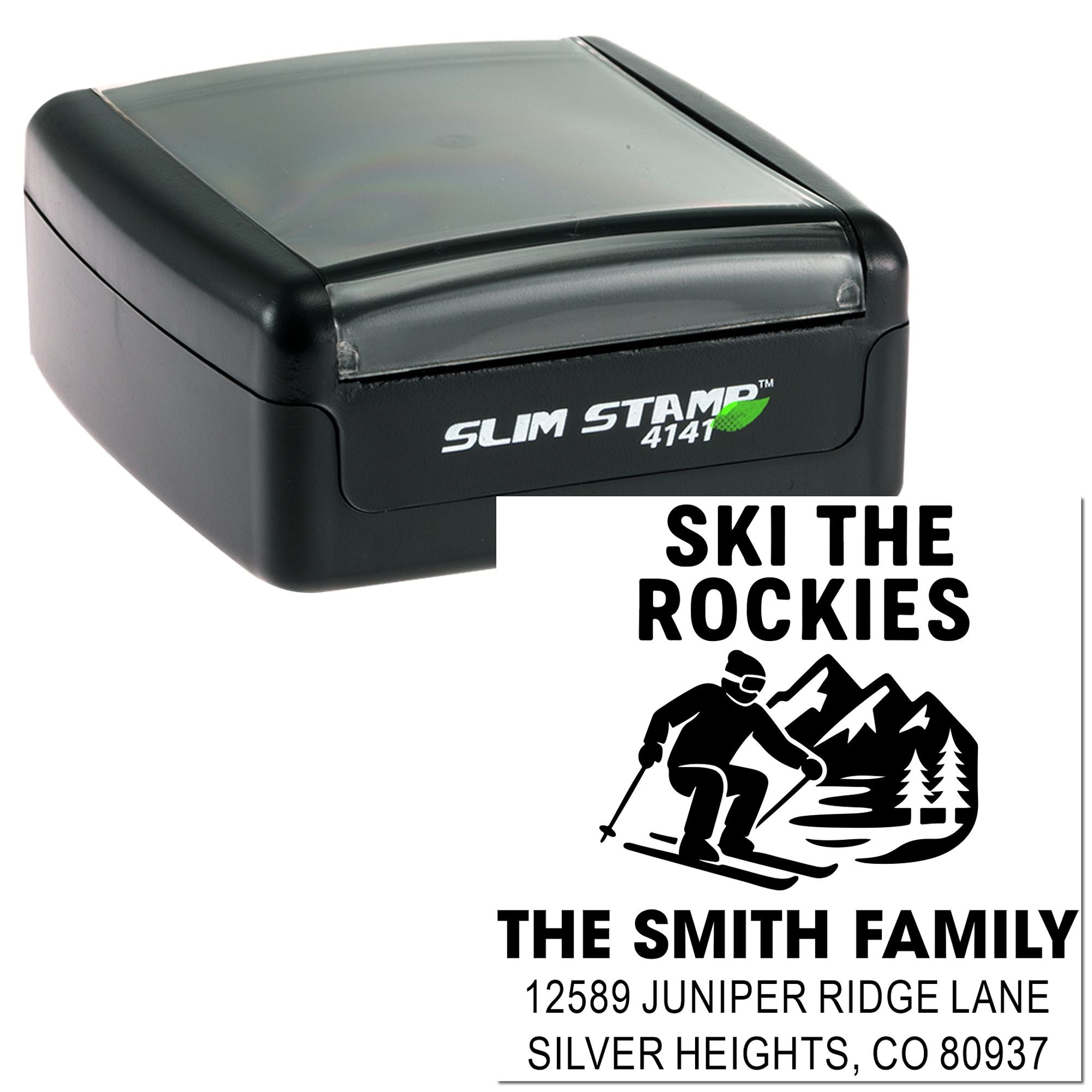 Custom ski-themed self-inking rubber address stamp for return mail, with family name and Colorado address.