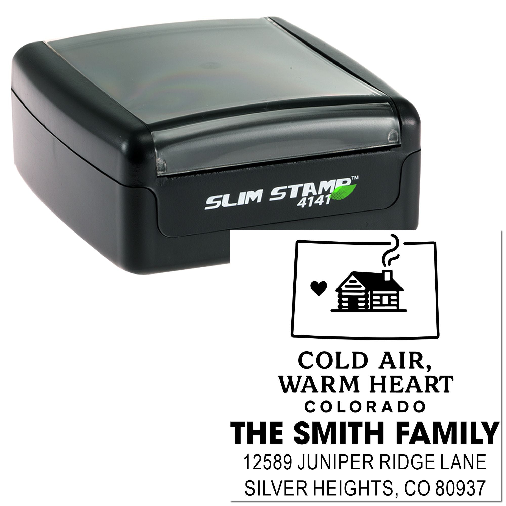 Custom self-inking Slim Stamp 4141 rubber address stamp for The Smith Family with house design and Colorado return address