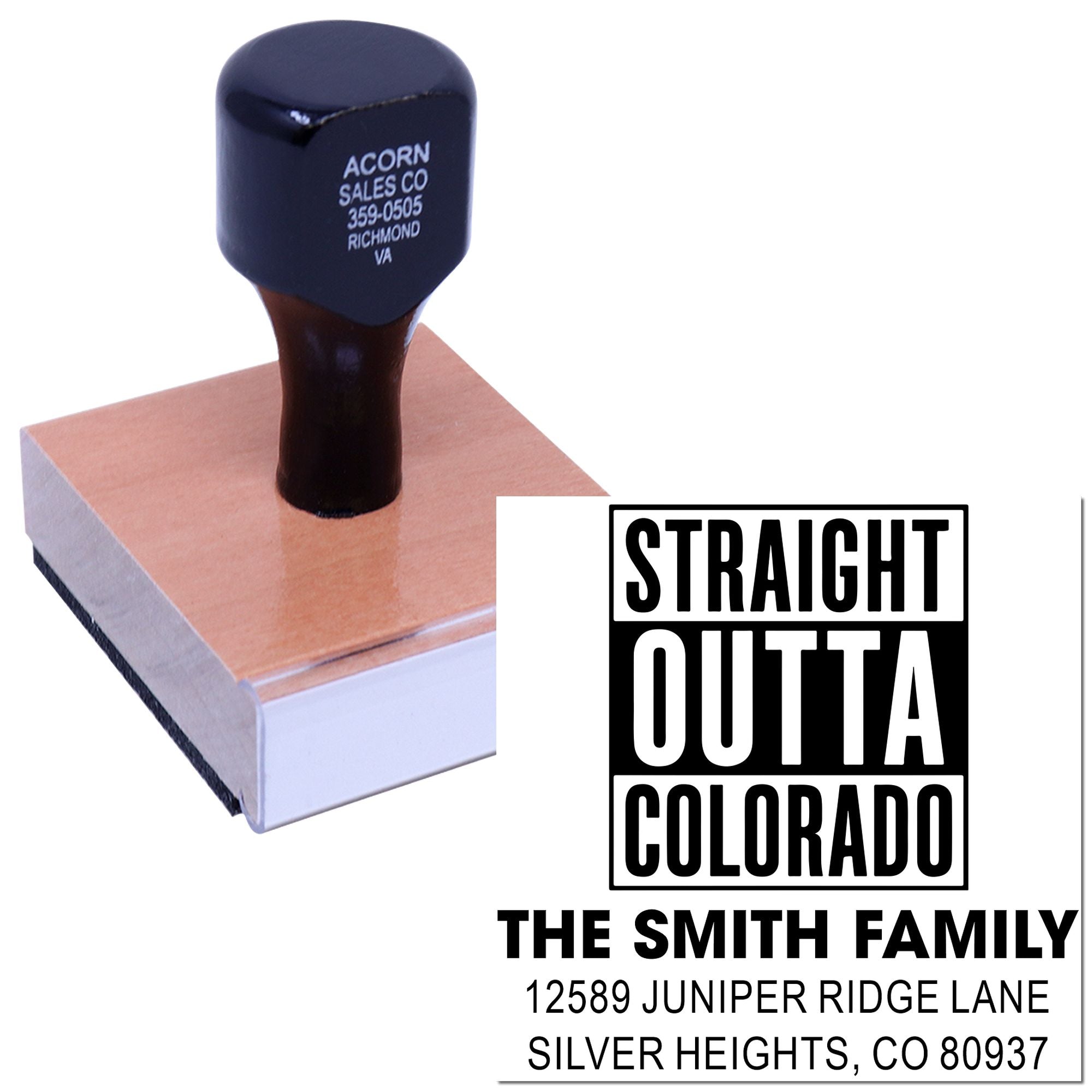 Custom Straight Outta Colorado family address rubber stamp with name and mailing address for personalized envelope stamping