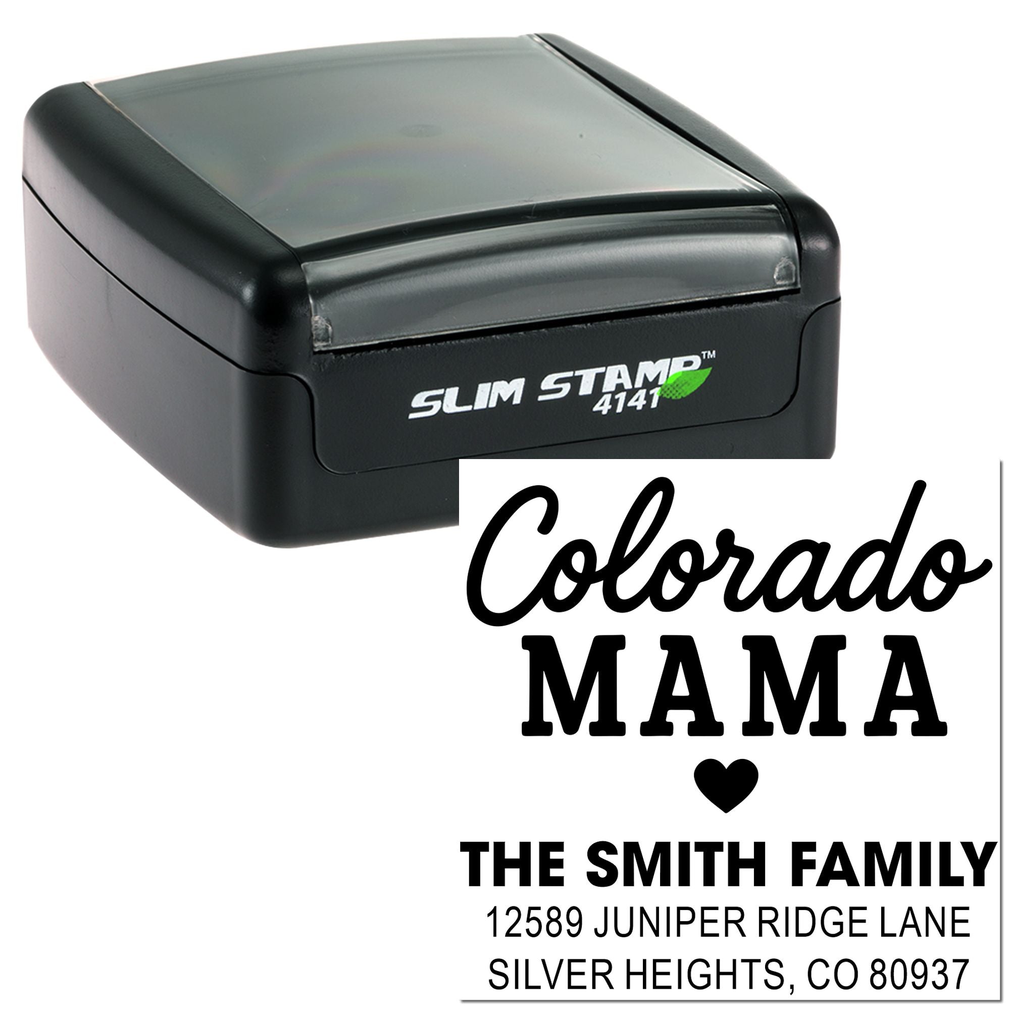 Personalized self-inking rubber stamp with Colorado Mama, The Smith Family, and Silver Heights, CO return address.
