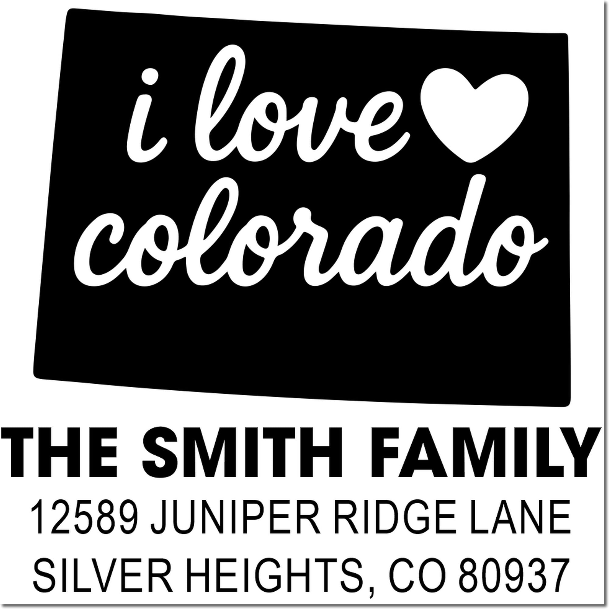 Custom Colorado return address rubber stamp with I love Colorado heart design for The Smith Family.