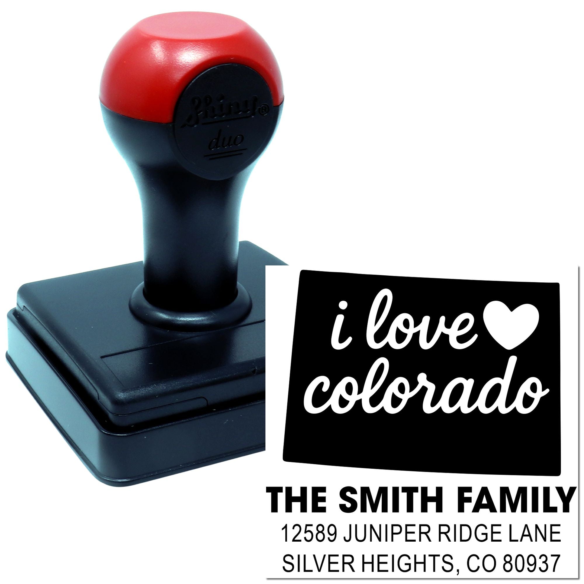 Custom self-inking rubber stamp with I love Colorado and Smith family return address for personalized mailings.
