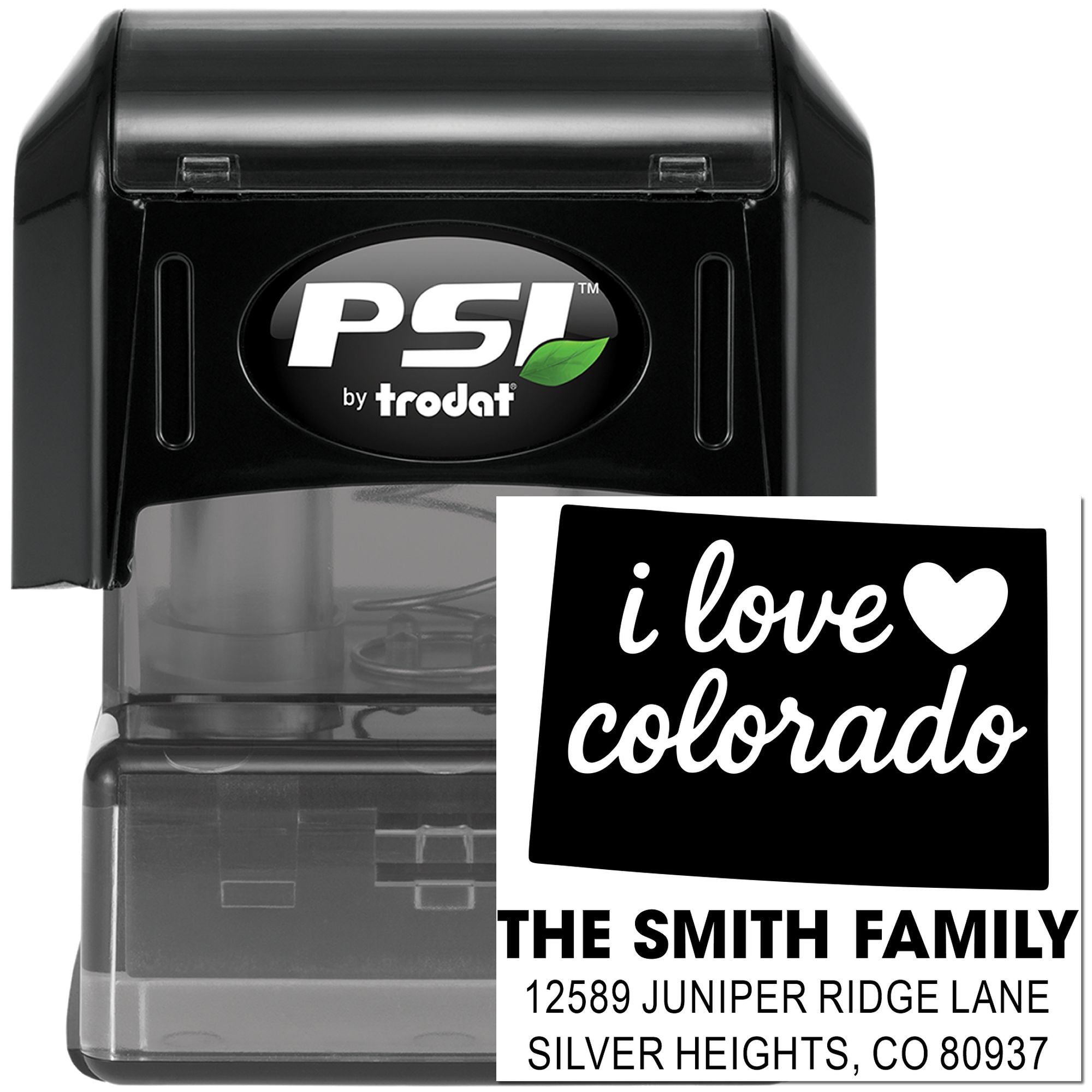 Custom self-inking rubber stamp with I love Colorado return address design for The Smith Family