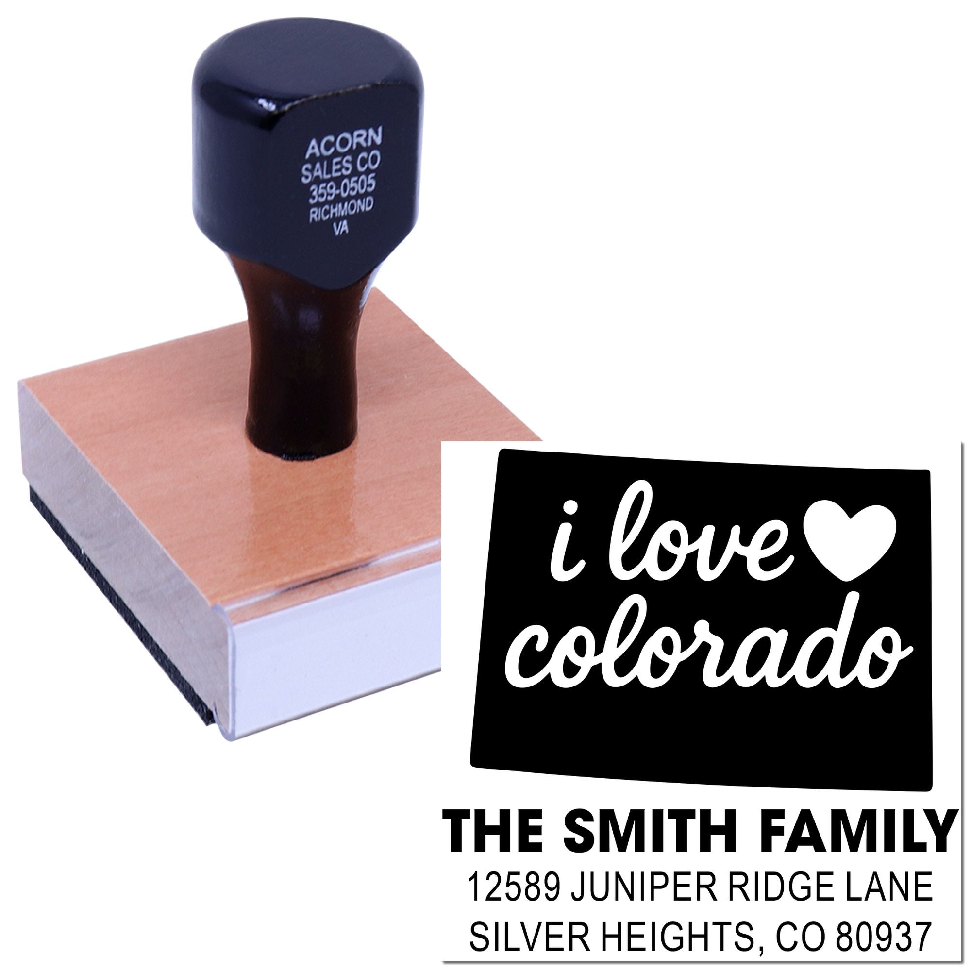 Custom rubber address stamp with I love Colorado design and family return address for personalized mailing.