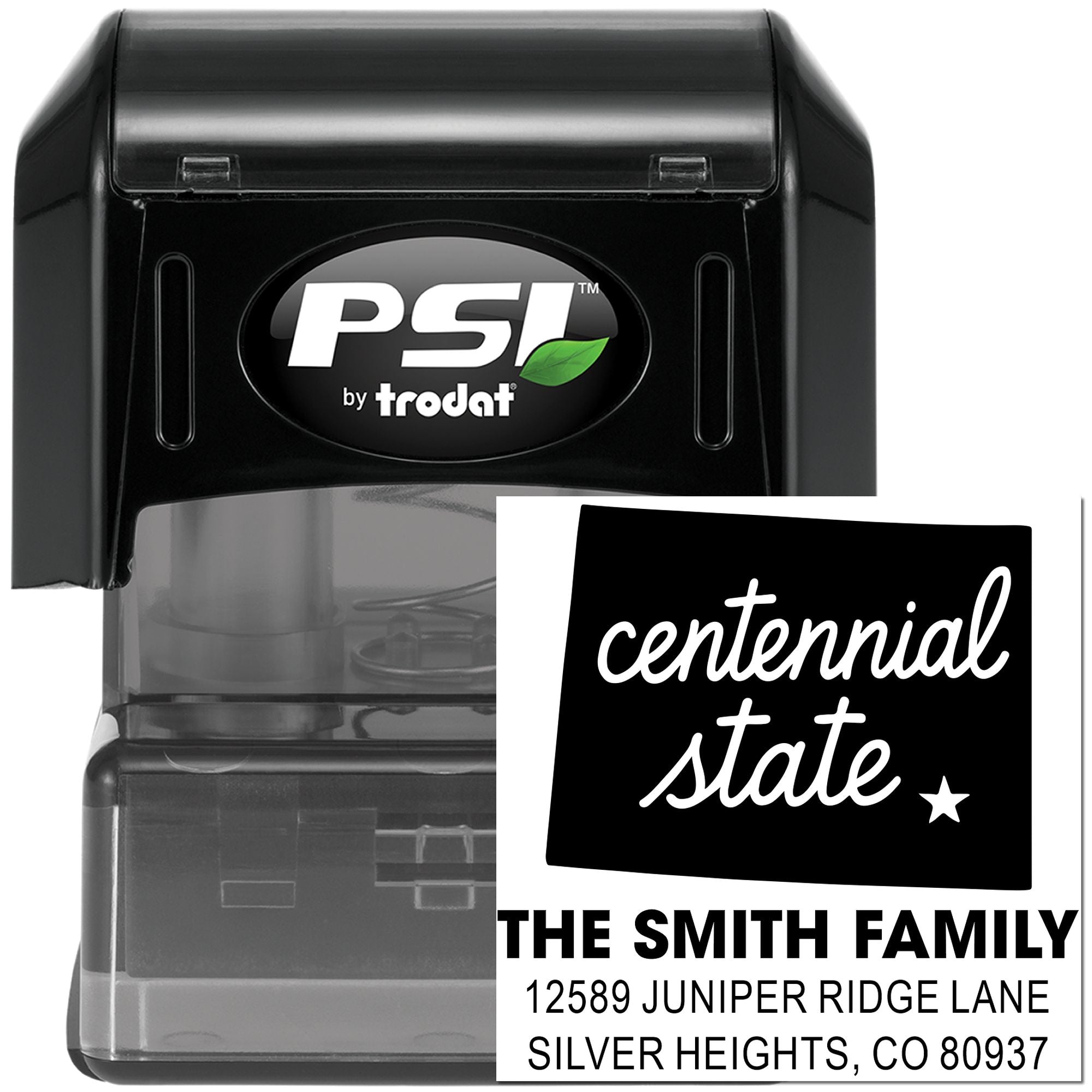 Custom self-inking return address rubber stamp for The Smith Family, Centennial State, by PSI Trodat.