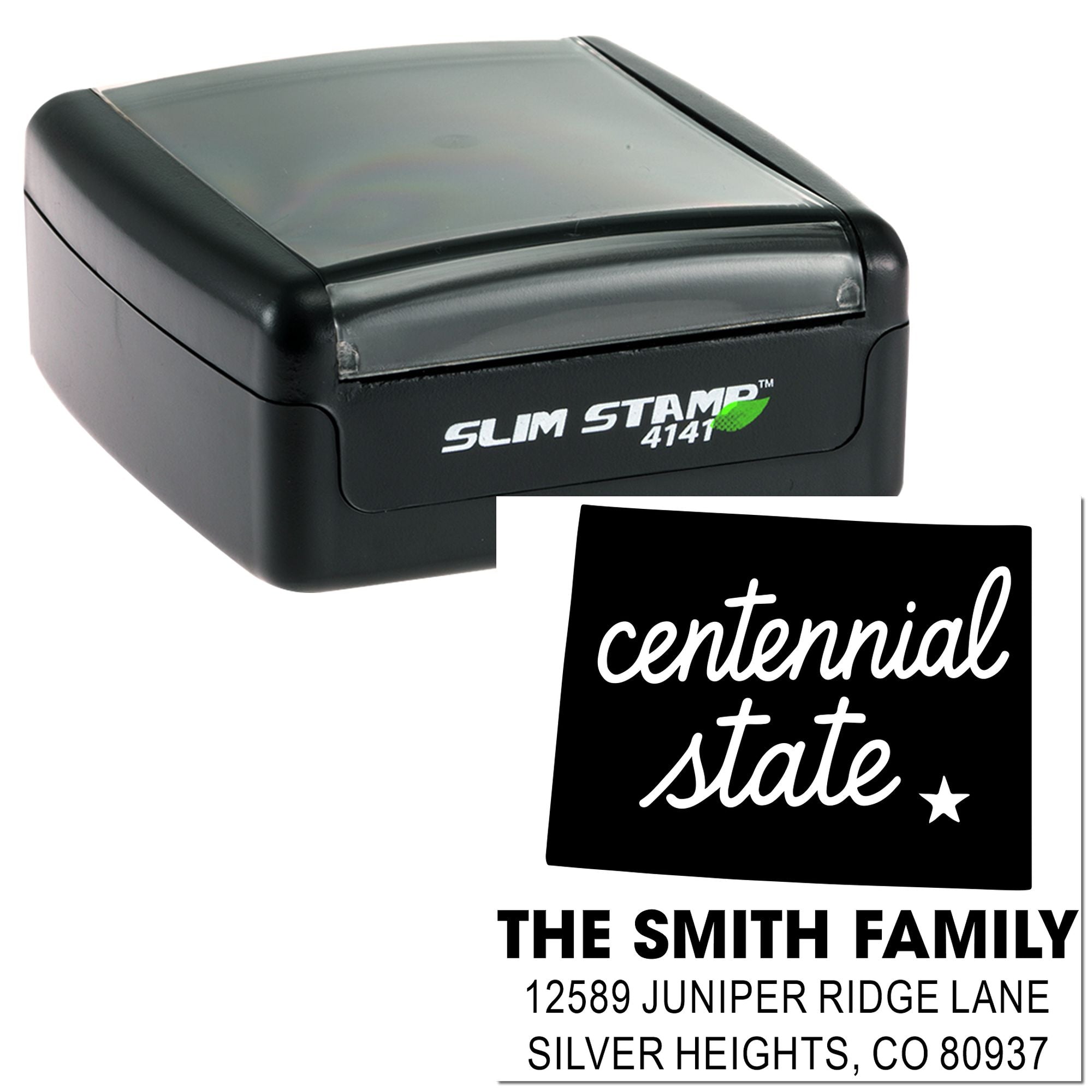 Slim Stamp 4141 custom return address rubber stamp with Centennial State design for The Smith Family, Silver Heights, CO.