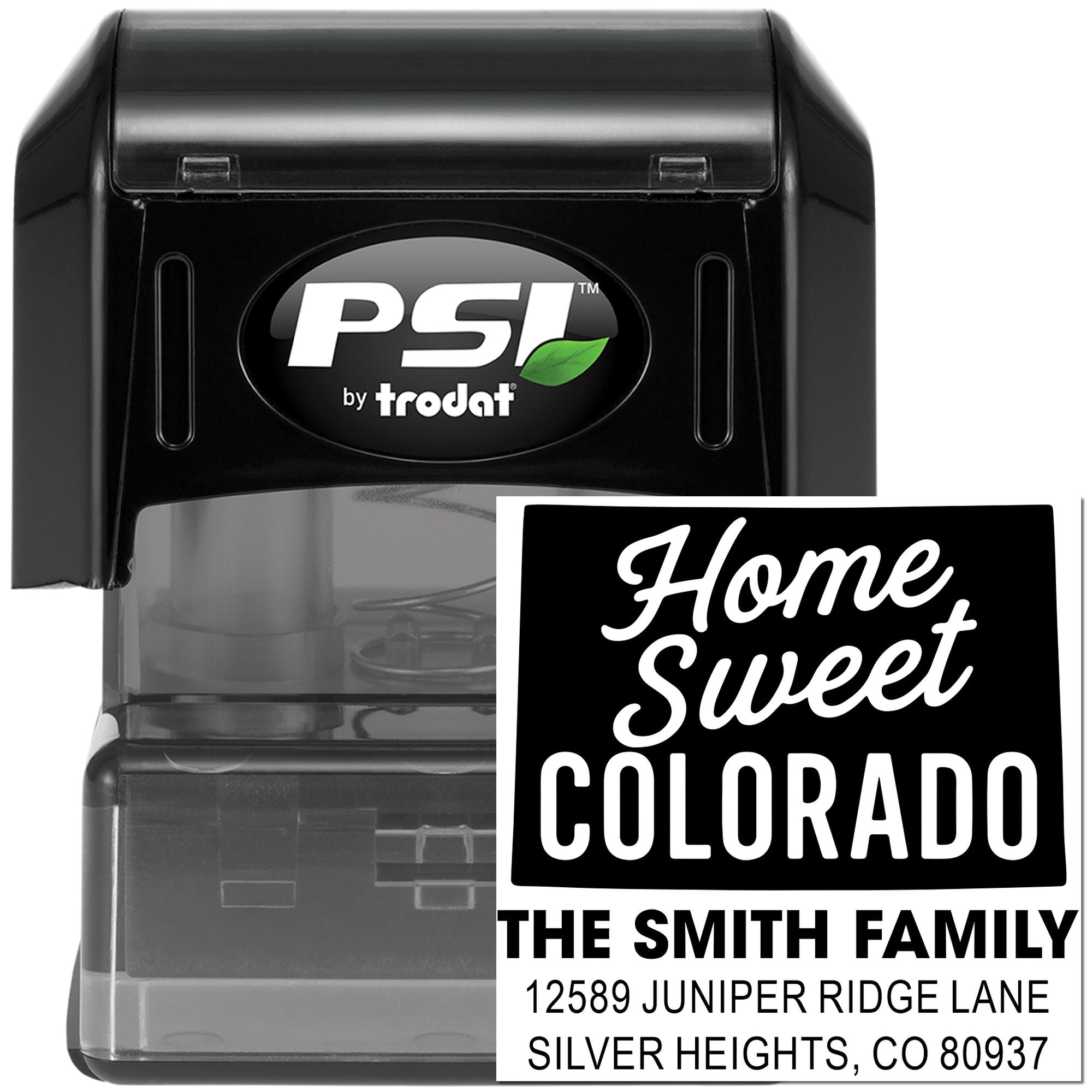 PSI by Trodat self-inking custom return address rubber stamp with Home Sweet Colorado family imprint