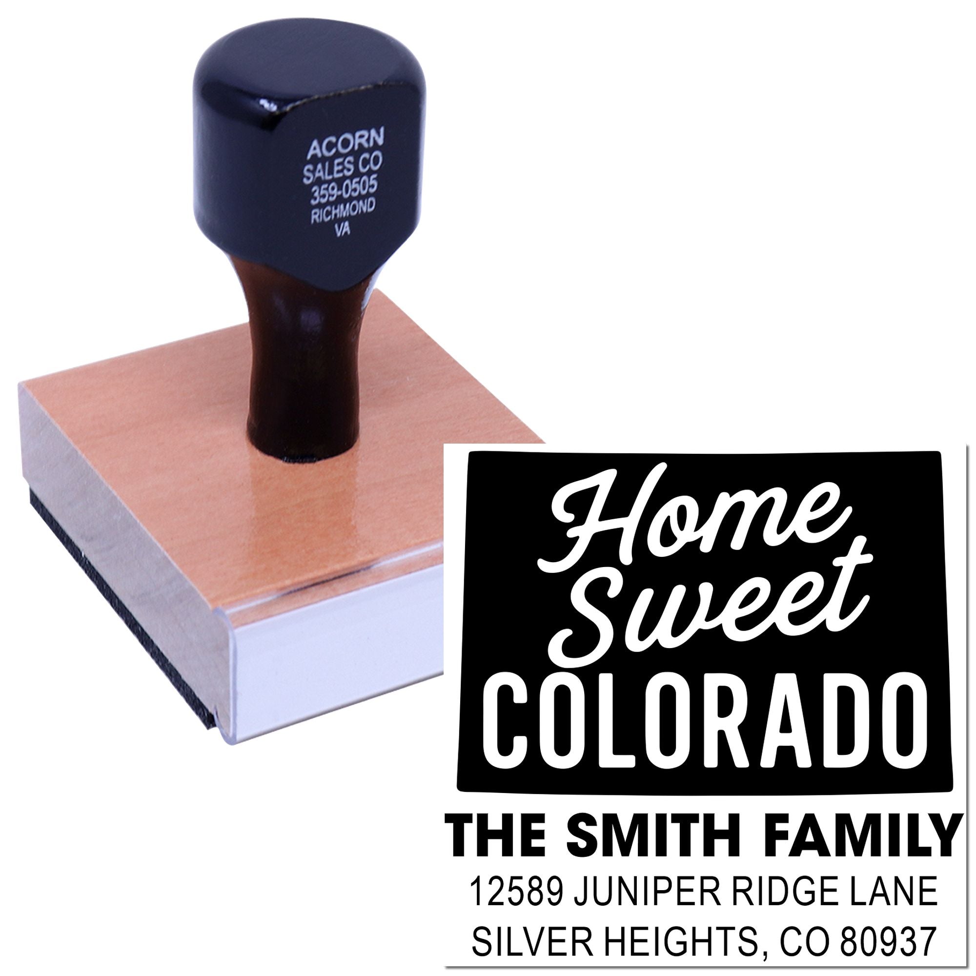 Custom home address rubber stamp with Home Sweet Colorado design for The Smith Family return mail.