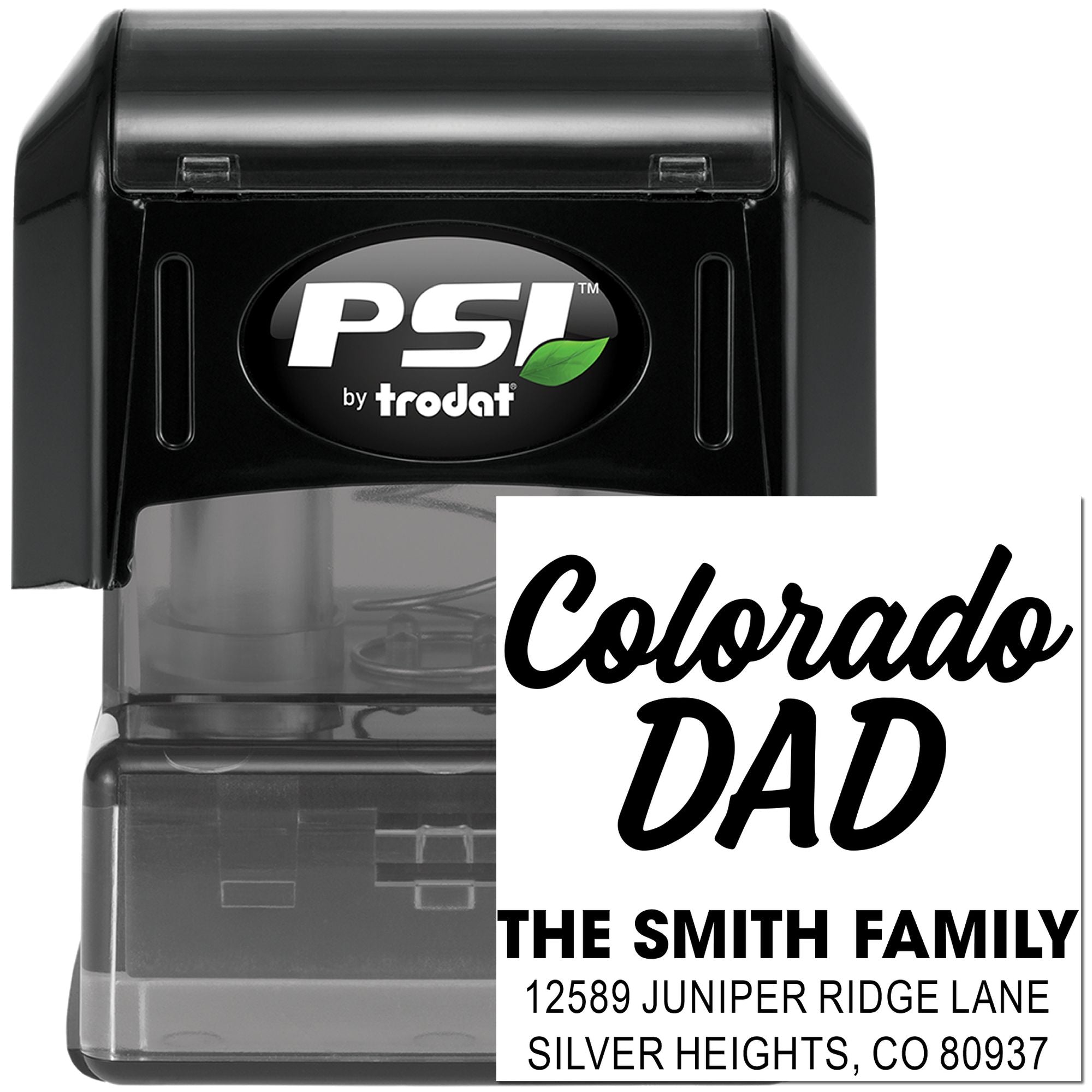 Custom Colorado Dad return address rubber stamp by PSI Trodat for The Smith Family mailing.