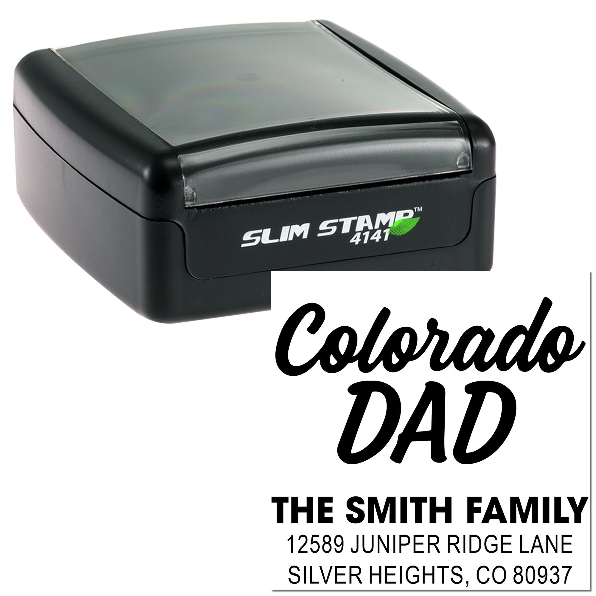 Custom Colorado Dad return address rubber stamp with Slim Stamp 4141 self-inking design for The Smith Family.