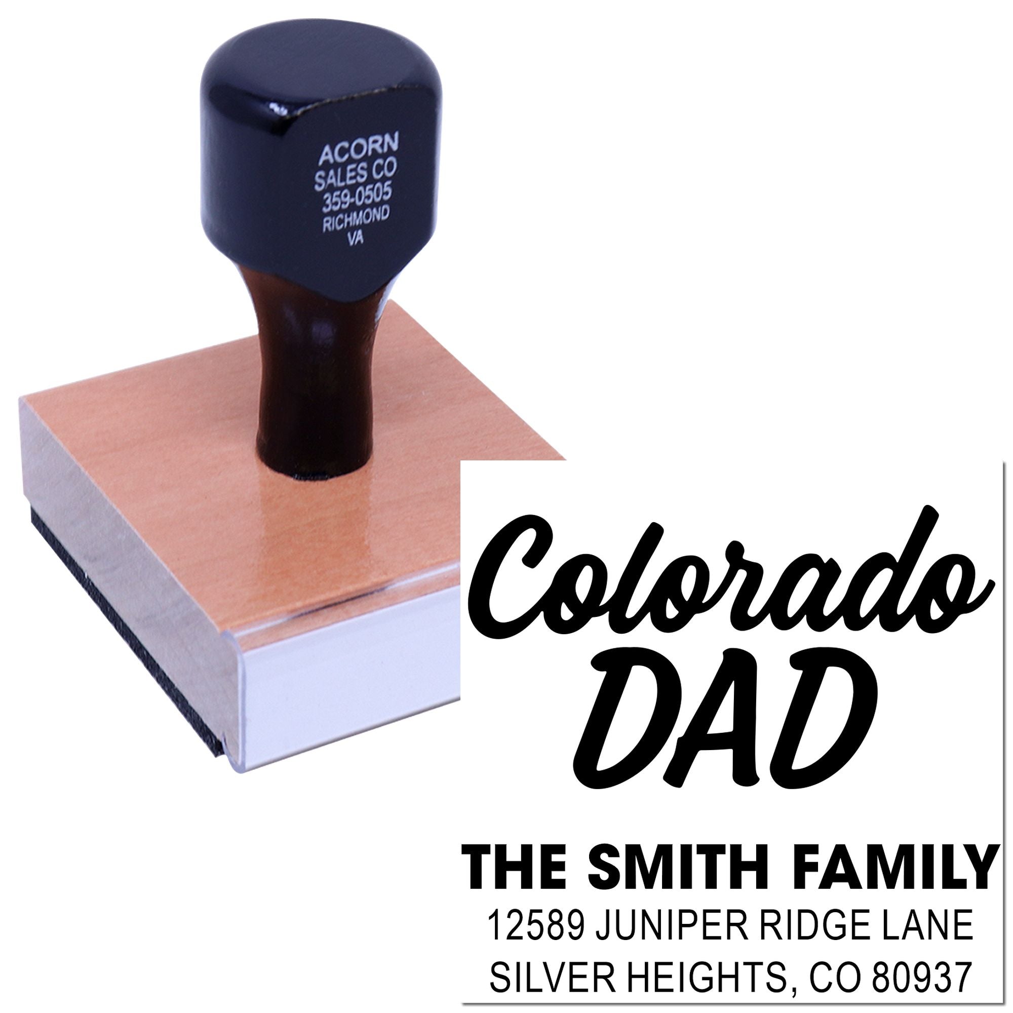 Custom Colorado Dad rubber stamp with personalized family return address for mailing, stationery, and gifts
