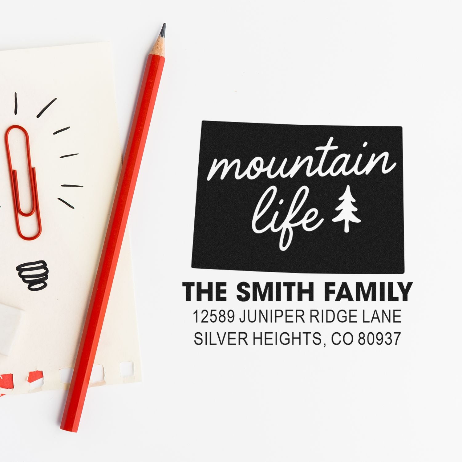 Custom mountain life address stamp for The Smith Family with personalized return address.