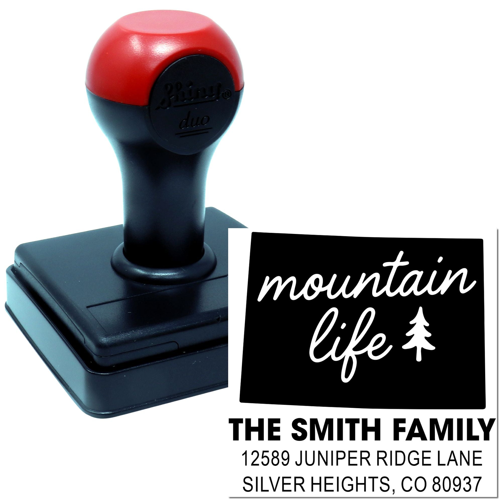 Custom self-inking rubber return address stamp with mountain life design for The Smith Family