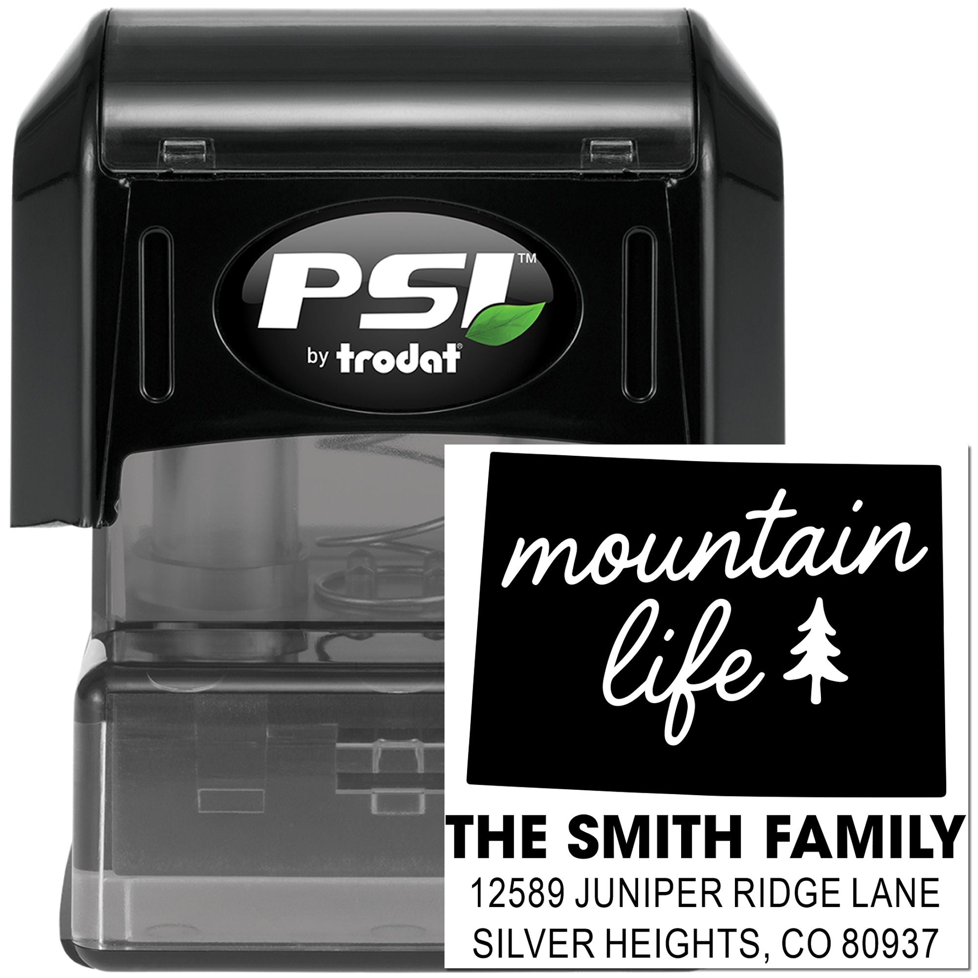 Personalized self-inking PSI by Trodat rubber stamp with Mountain Life design and The Smith Family return address.