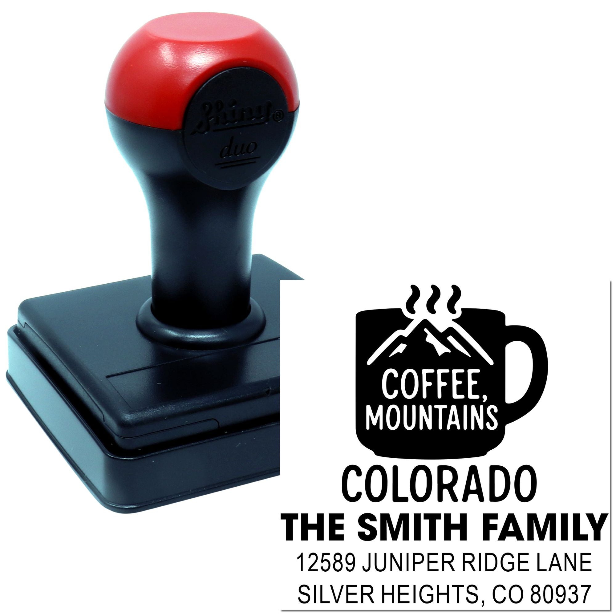 Custom self-inking rubber address stamp with coffee mountains design, Colorado family name, and return address.