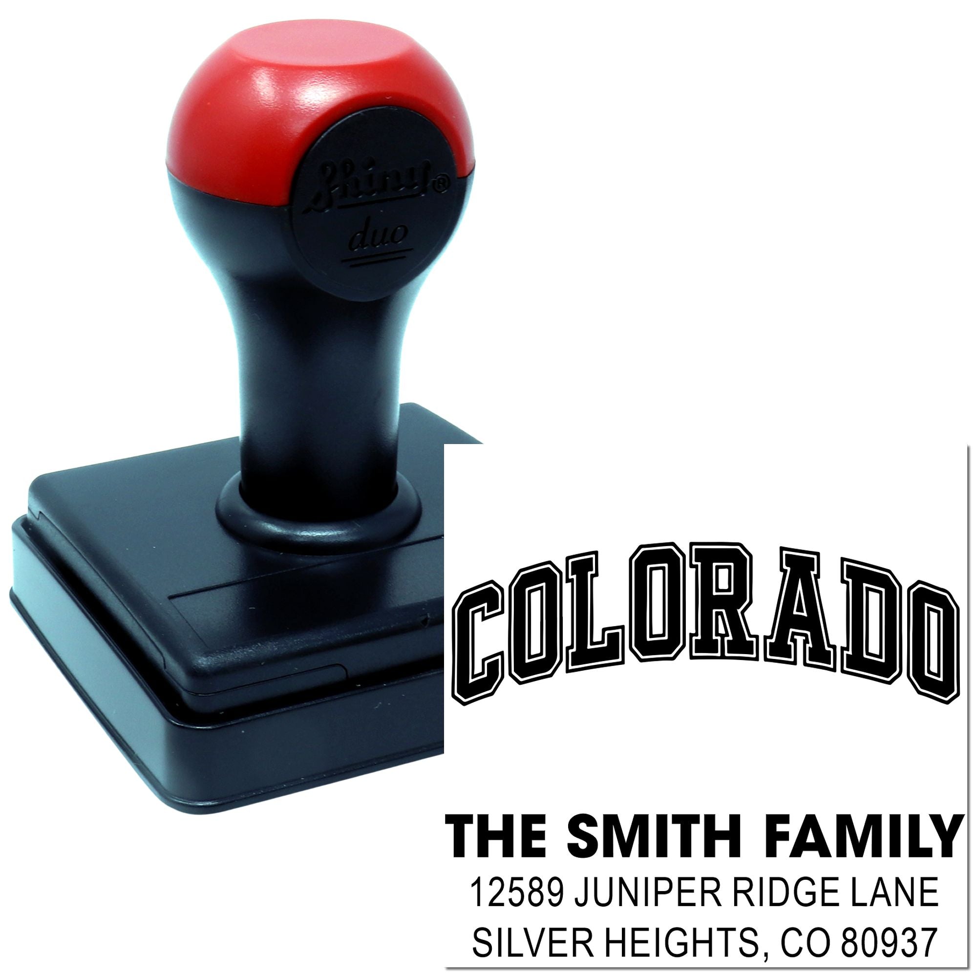 Custom self-inking rubber address stamp for Colorado families, featuring The Smith Family name and mailing address.