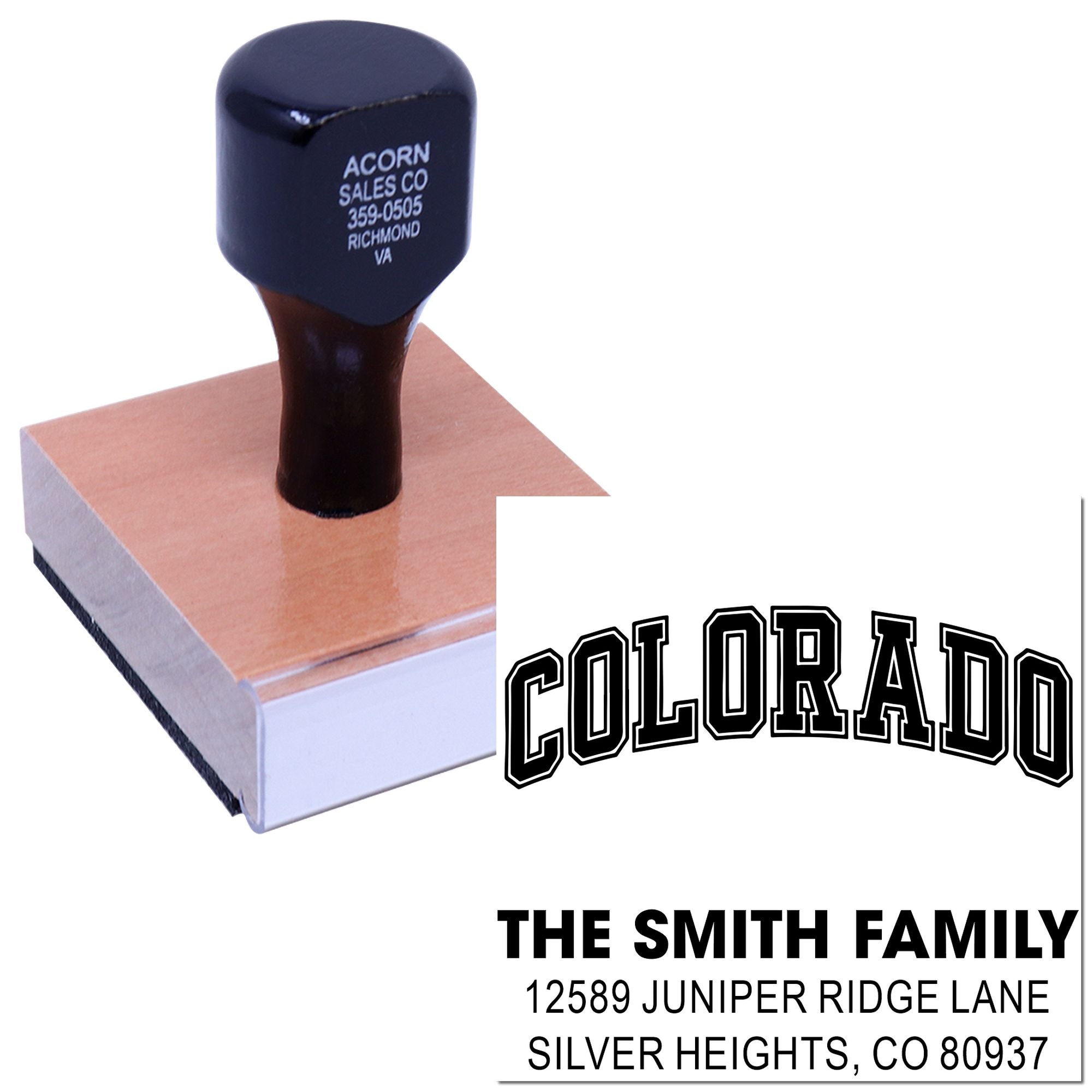 Custom Colorado rubber stamp for family return address, featuring The Smith Family and Silver Heights, CO 80937.