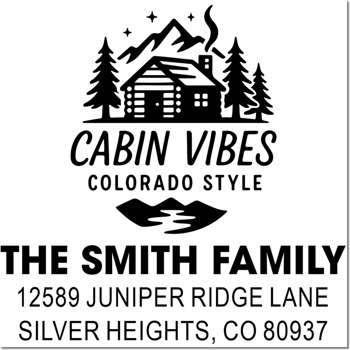 Personalized cabin vibes rubber stamp with mountain cabin icon and The Smith Family return address, Silver Heights, CO 80937.