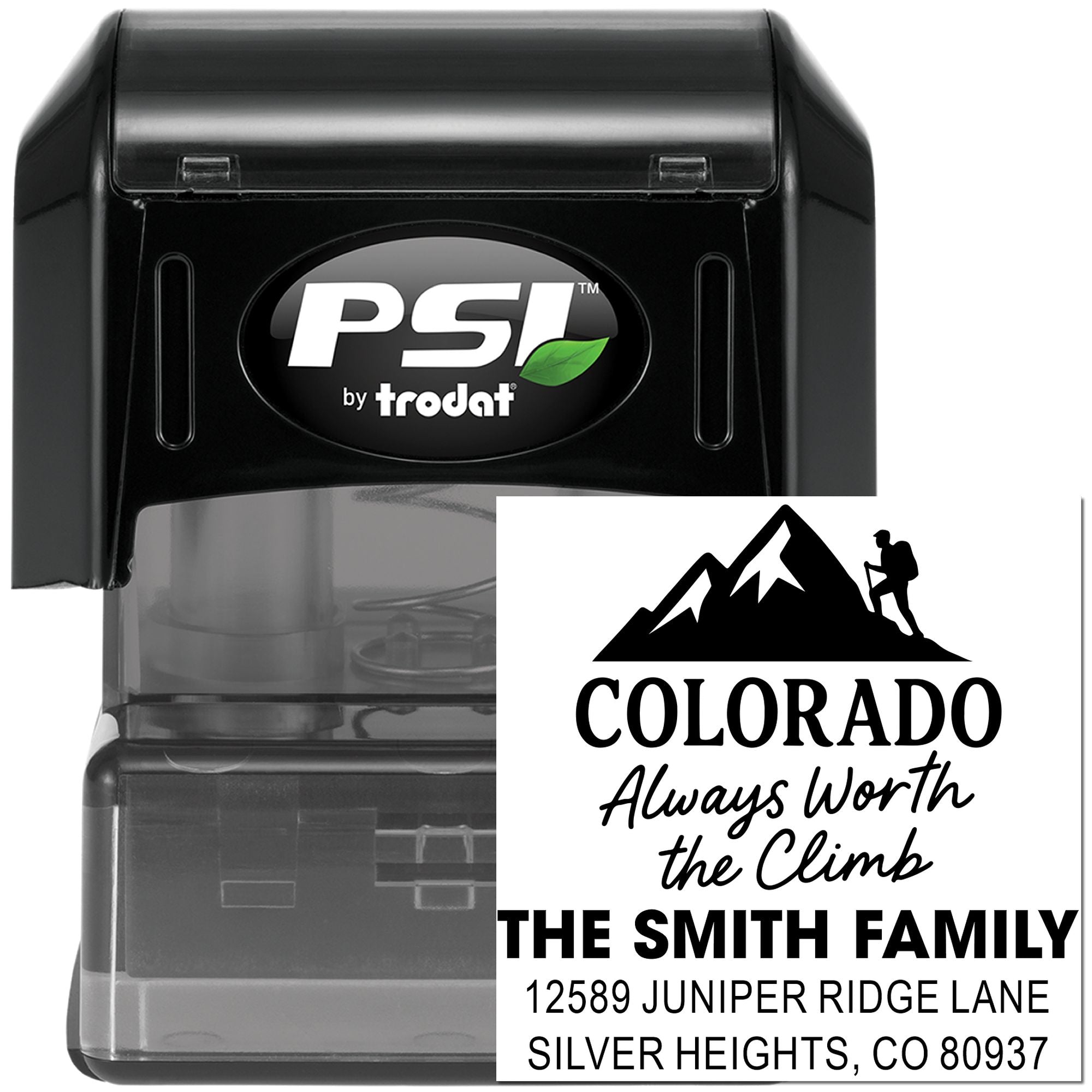 Custom self-inking Colorado return address rubber stamp with mountain hiker design for family mail and envelopes.