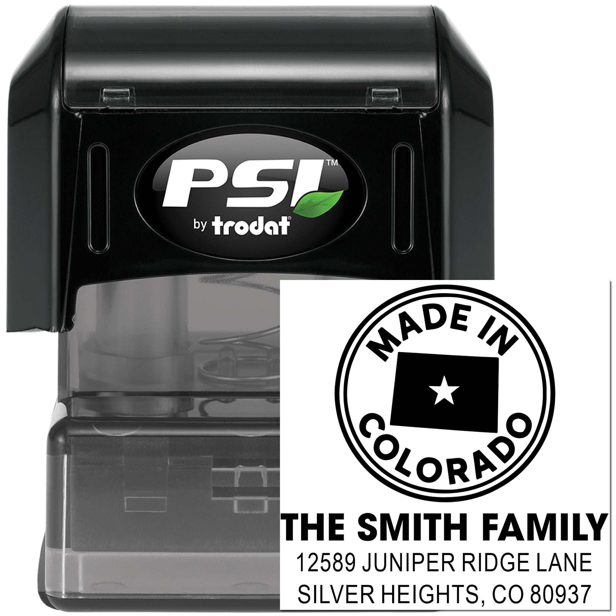 Custom self-inking rubber address stamp by PSI Trodat with Made in Colorado family return address design