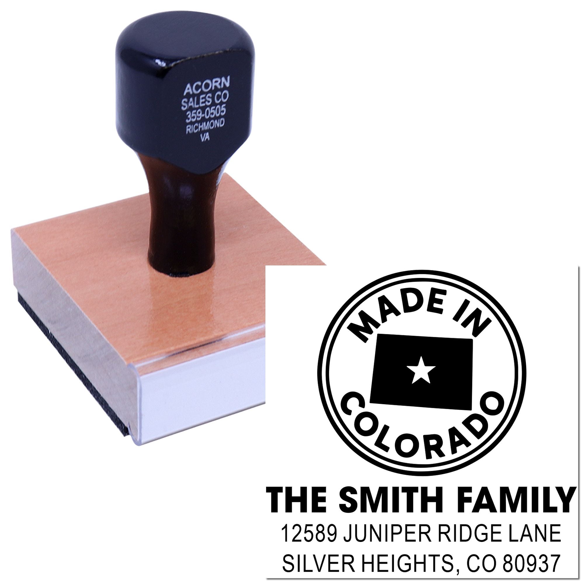 Custom rubber stamp with Made in Colorado family address design, ideal for personalized return address stamping.