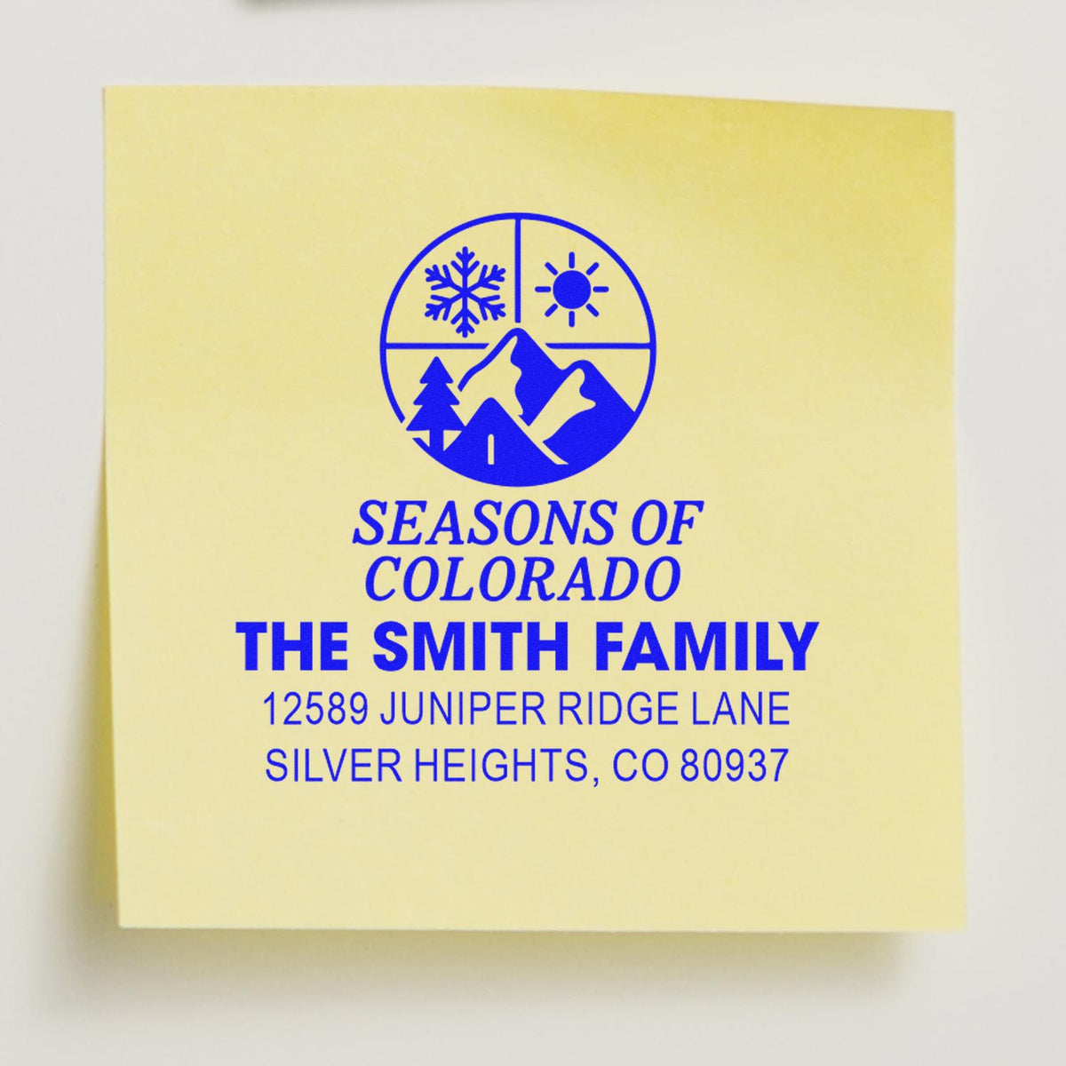 Personalized return address rubber stamp with Seasons of Colorado logo for The Smith Family in Silver Heights, Colorado.
