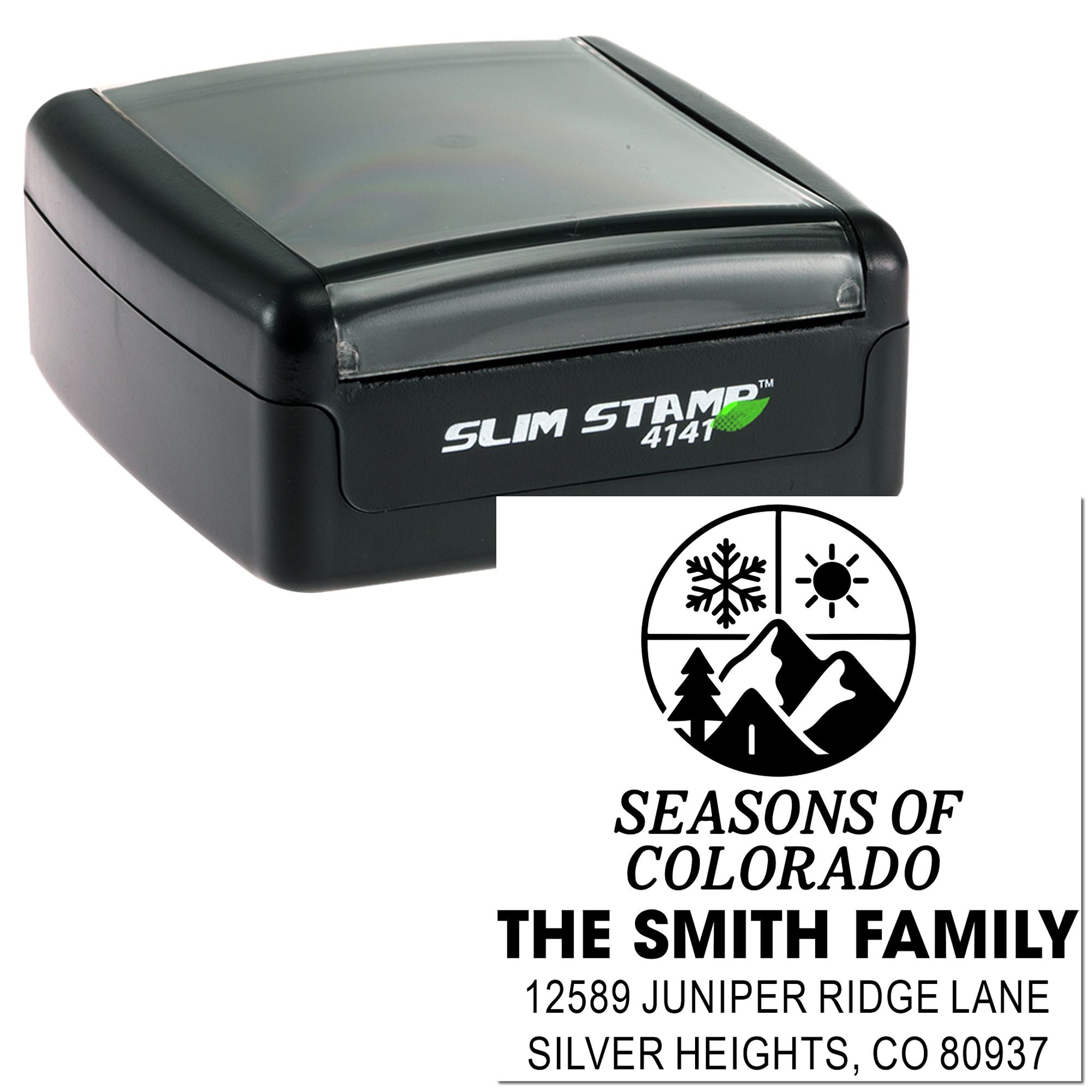 Self-inking rubber stamp with custom mountain logo and family address imprint, Slim Stamp 4141 for personalized mailing.
