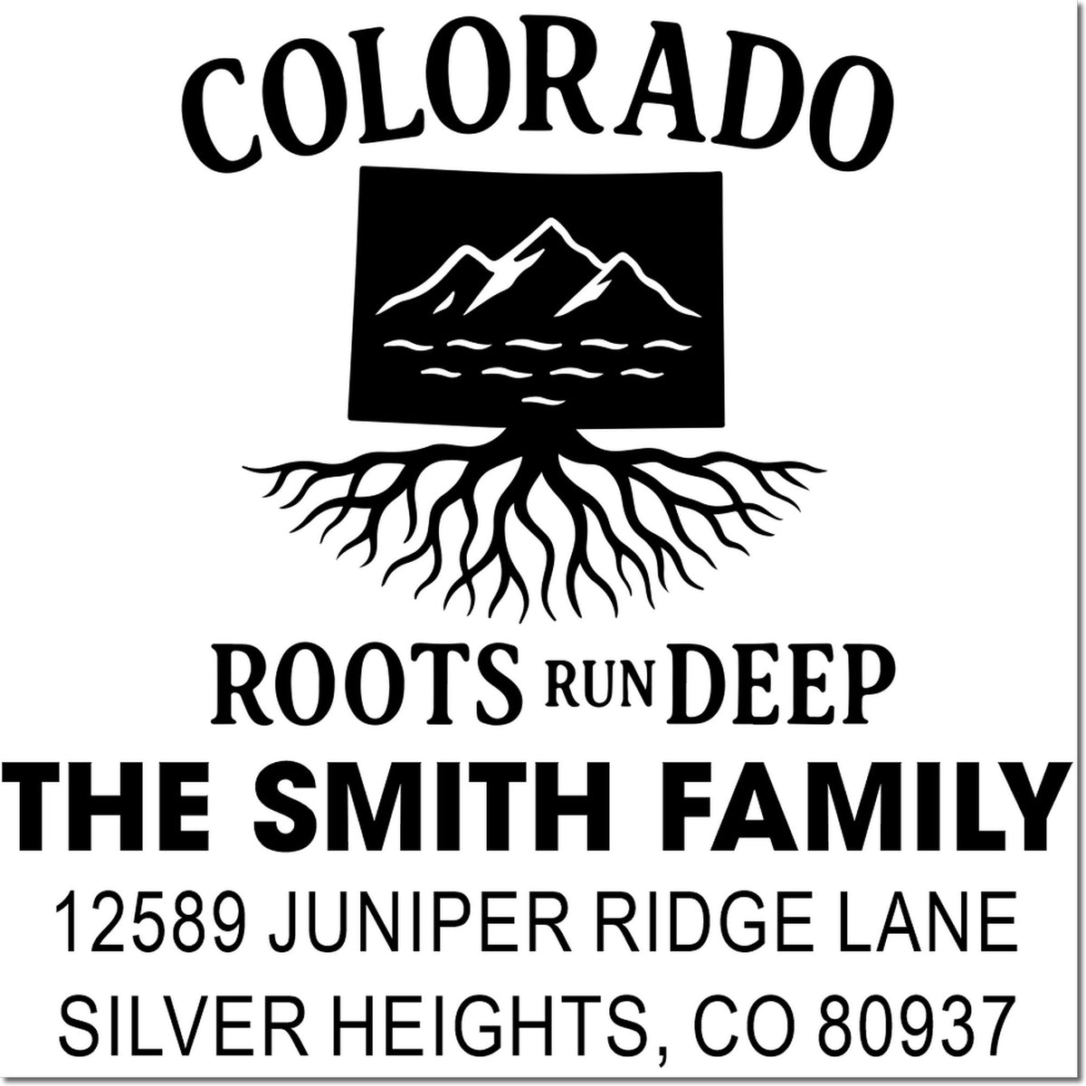 Custom Colorado family return address rubber stamp with mountain logo: The Smith Family, 12589 Juniper Ridge Lane, Silver Heights, CO 80937