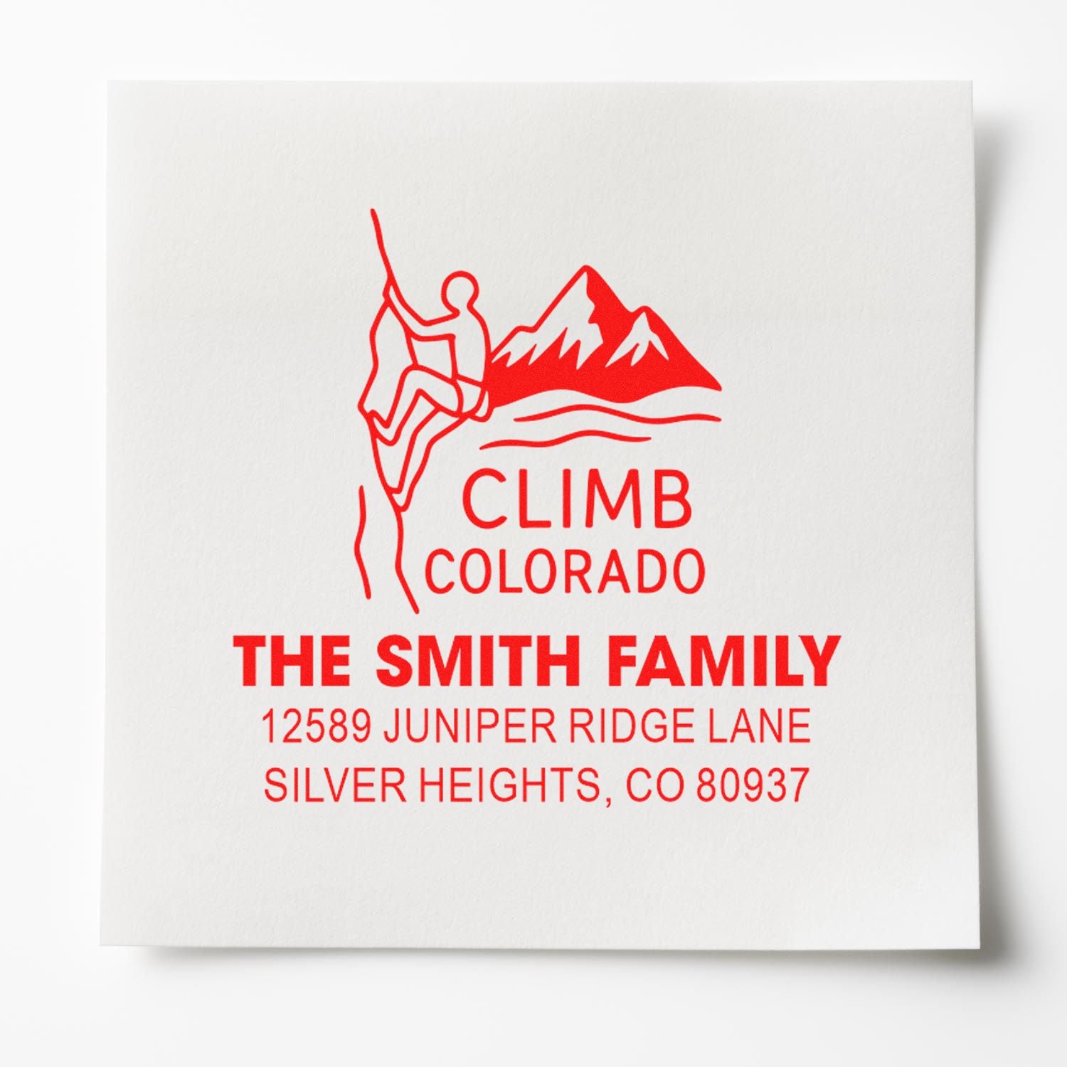 Custom return address rubber stamp with Colorado climbing mountain logo for The Smith Family in Silver Heights, CO.