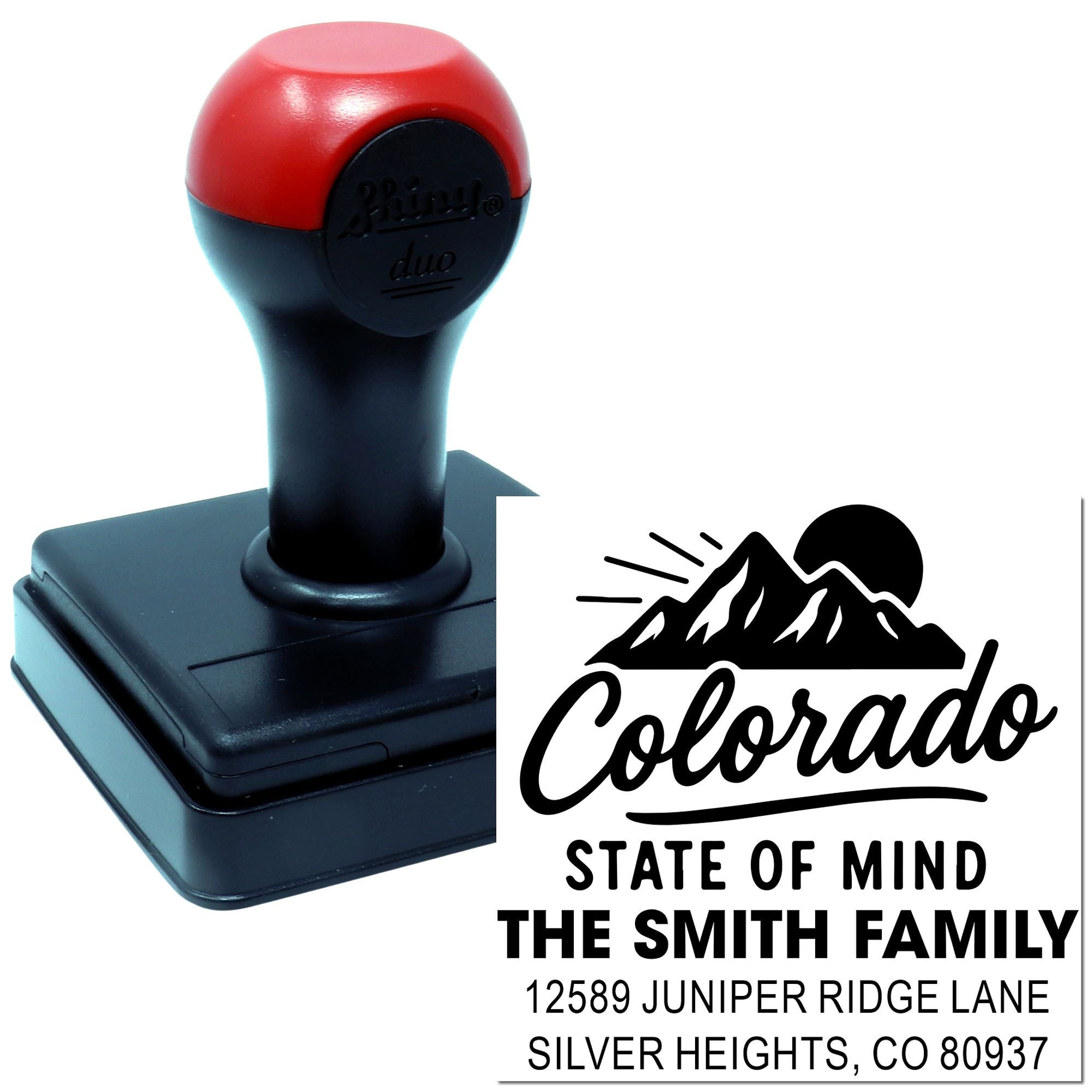 Custom self-inking rubber stamp with Colorado State of Mind design and family return address for mail and packaging.