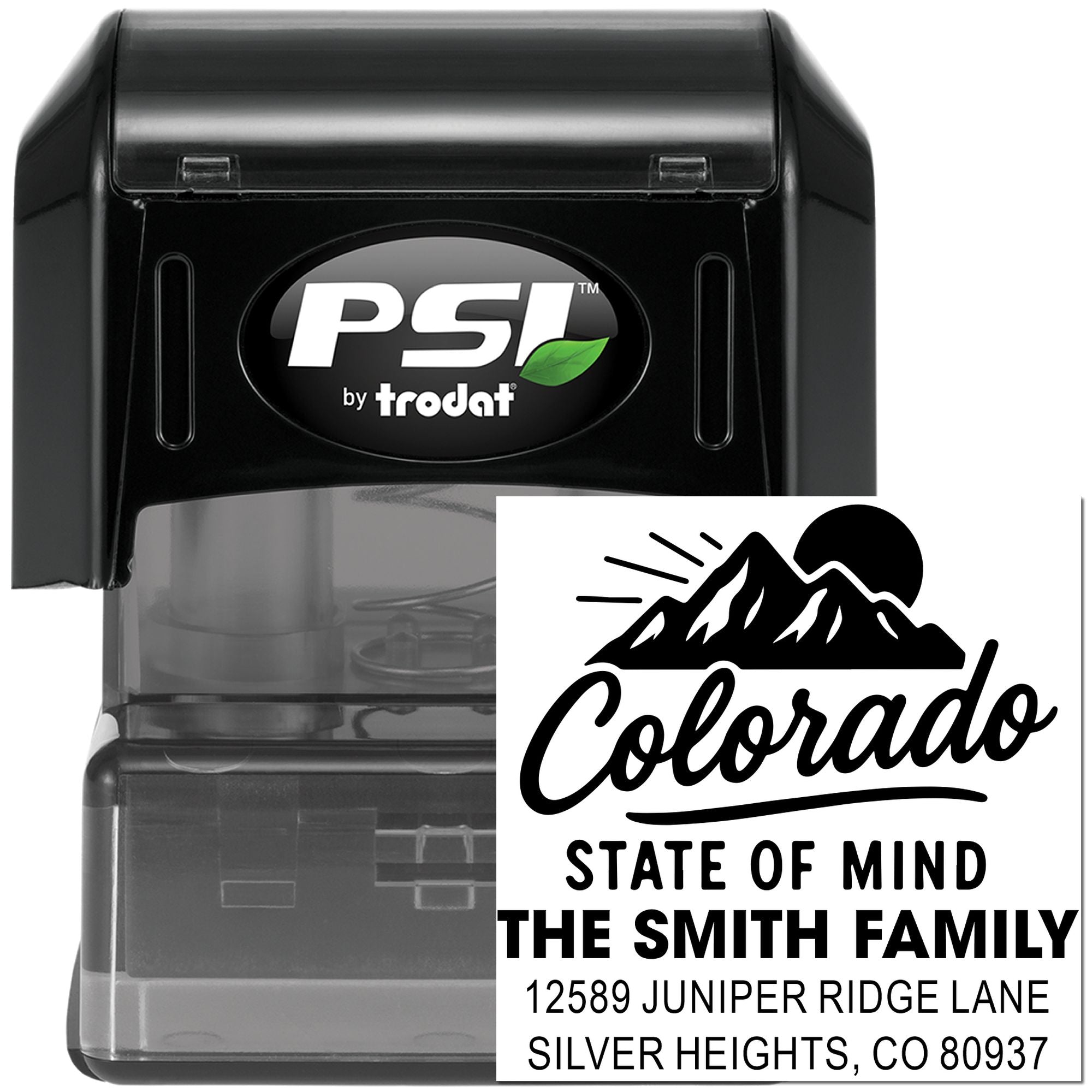 PSI by Trodat custom self-inking address stamp with Colorado design, ideal for The Smith Family return mail.
