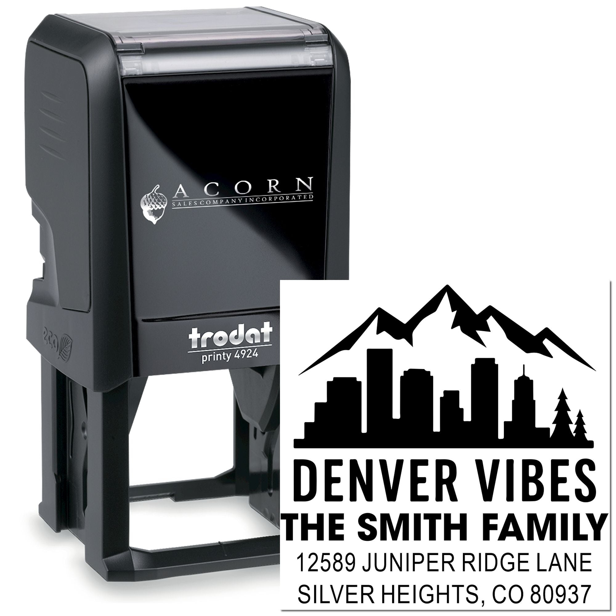 Custom self-inking return address rubber stamp with Denver skyline for The Smith Family, Silver Heights, CO.