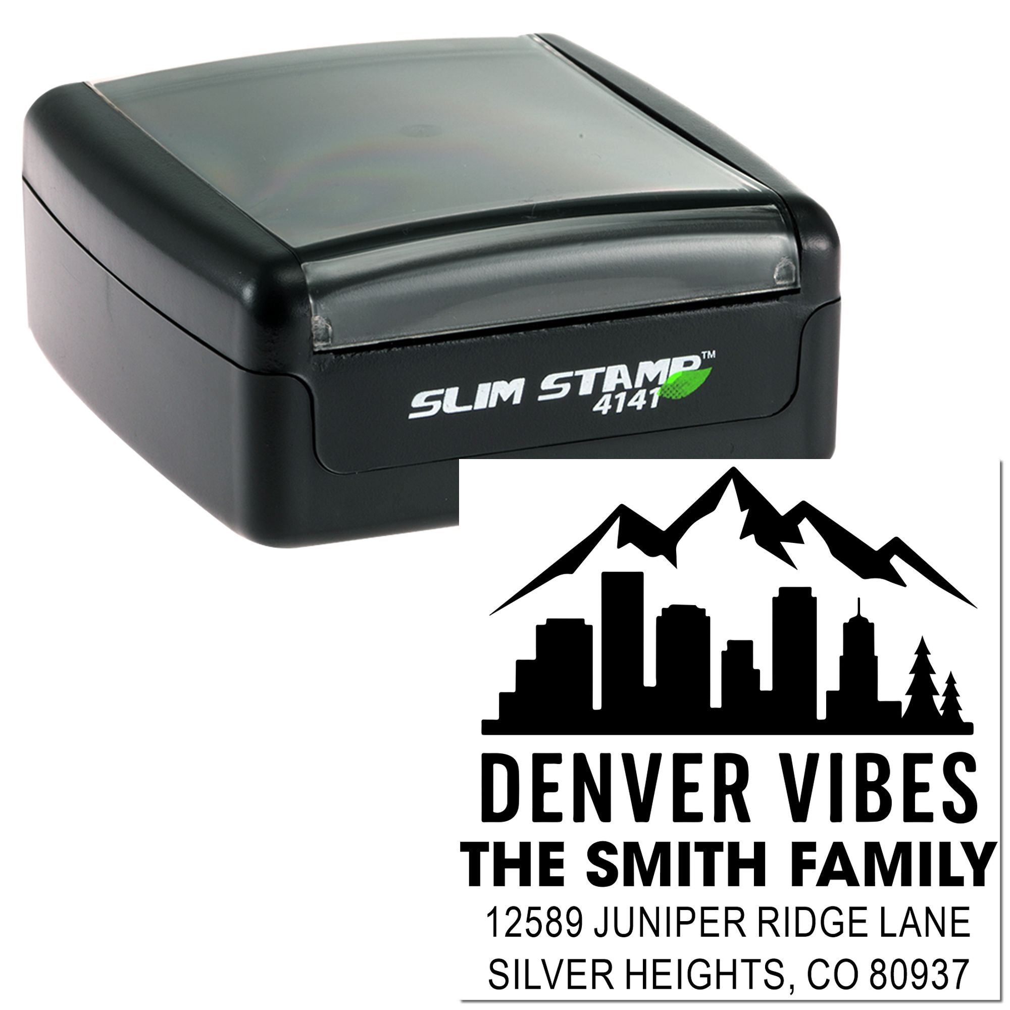 Custom Slim Stamp 4141 self-inking rubber address stamp with Denver skyline for The Smith Family, Silver Heights, CO