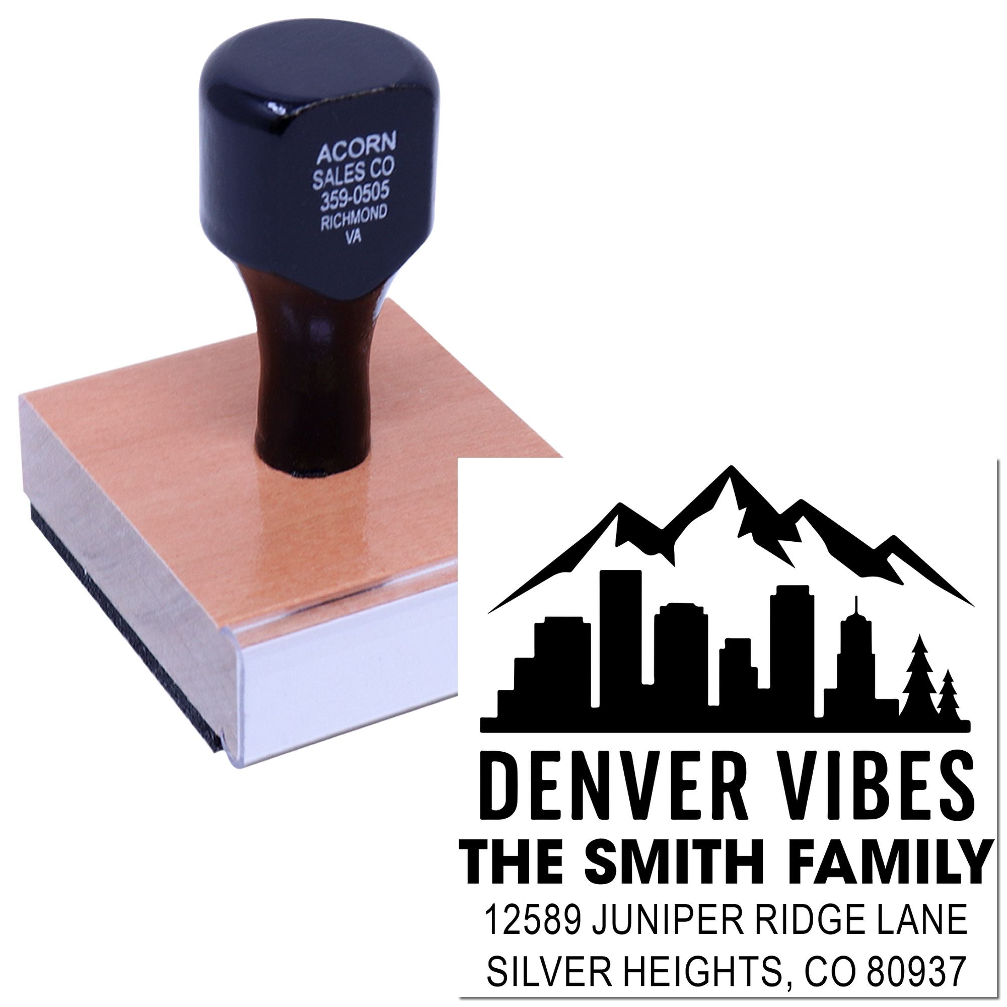 Custom family address rubber stamp with Denver skyline logo and personalized return address for The Smith Family.