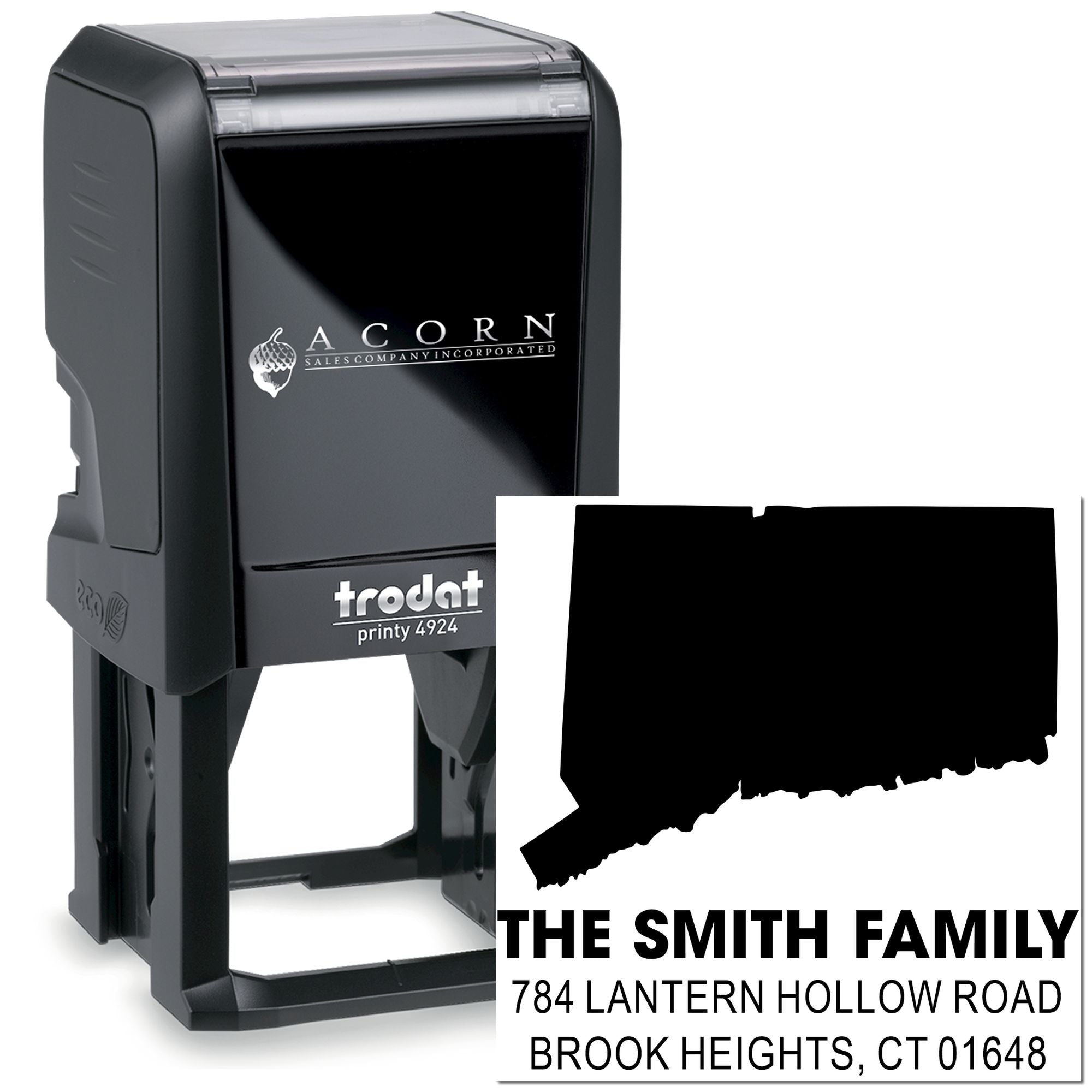 Custom self-inking return address rubber stamp with Connecticut outline for The Smith Family, Brook Heights, CT