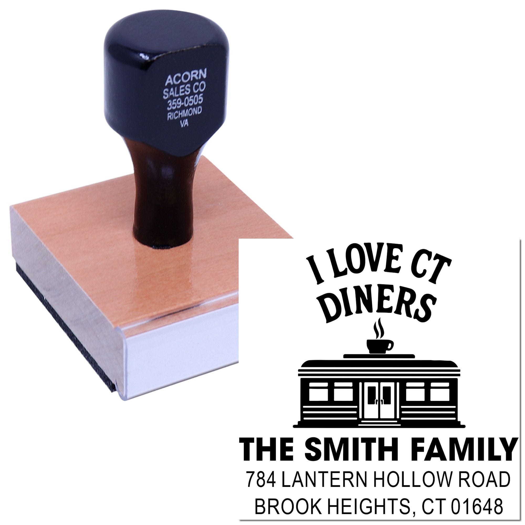 Personalized return address rubber stamp with diner logo and The Smith Family address.