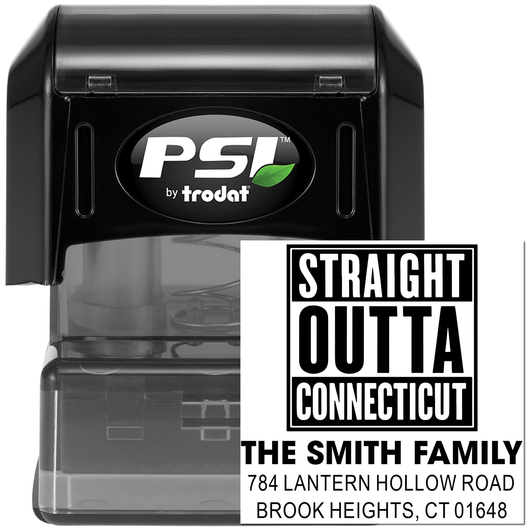 PSI by Trodat self-inking custom address rubber stamp with Straight Outta Connecticut family name design