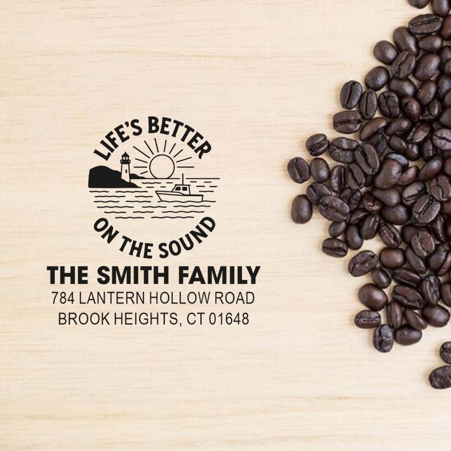 Custom rubber stamp with seaside Lifes Better on the Sound design, Smith family name, and address for personalized branding.