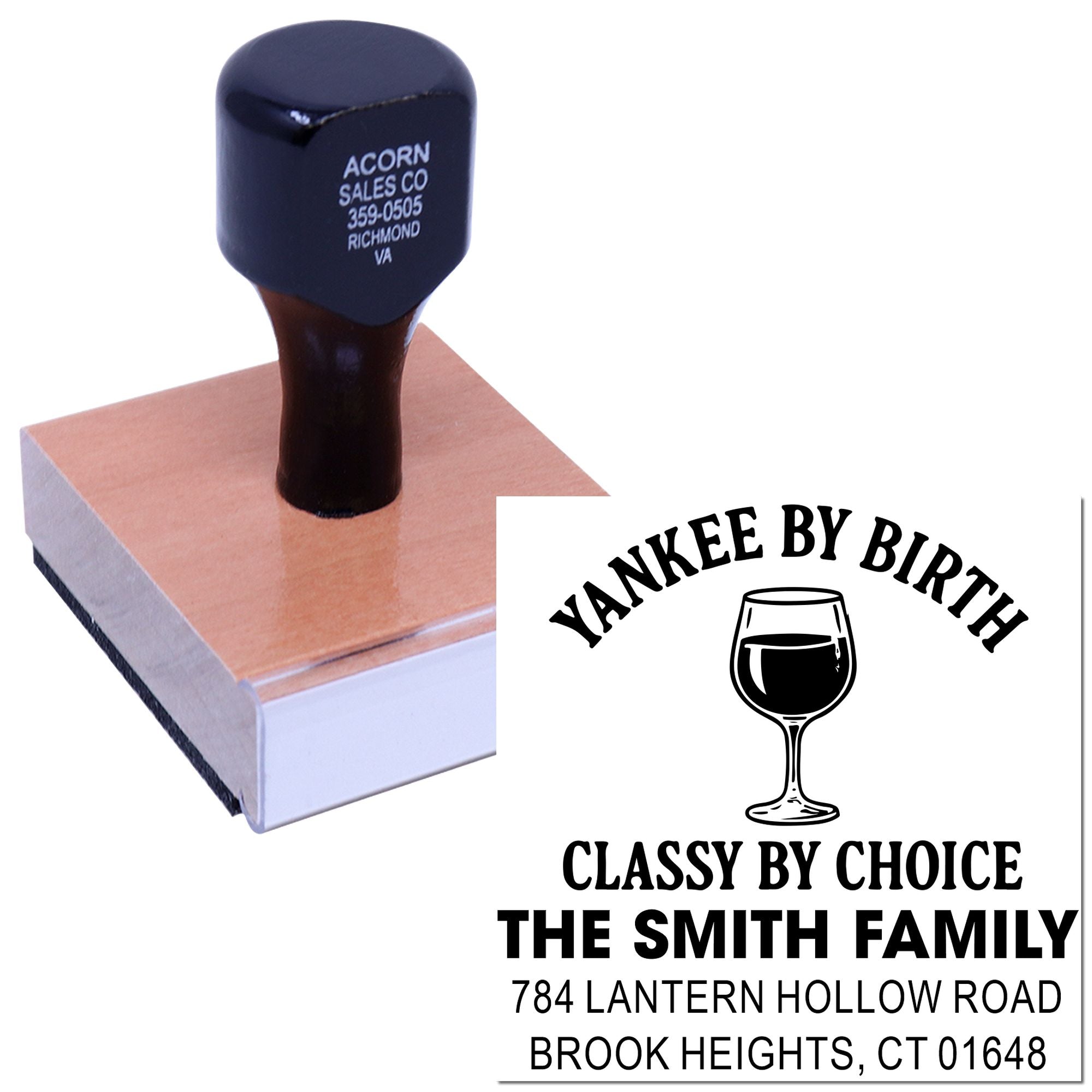 Personalized rubber stamp with wine-themed family name and address imprint for custom stationery.